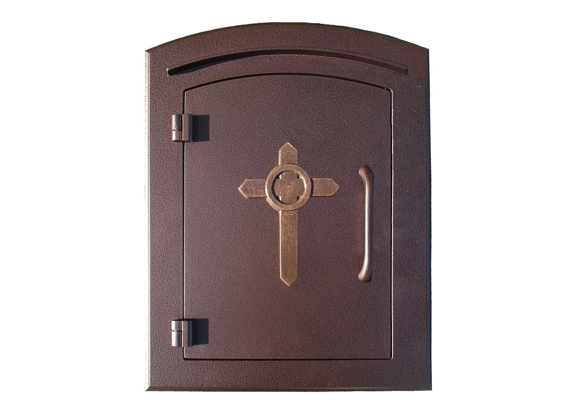 Manchester Security Drop Chute Mailbox with Decorative Cross Logo Faceplate in Antique Copper
