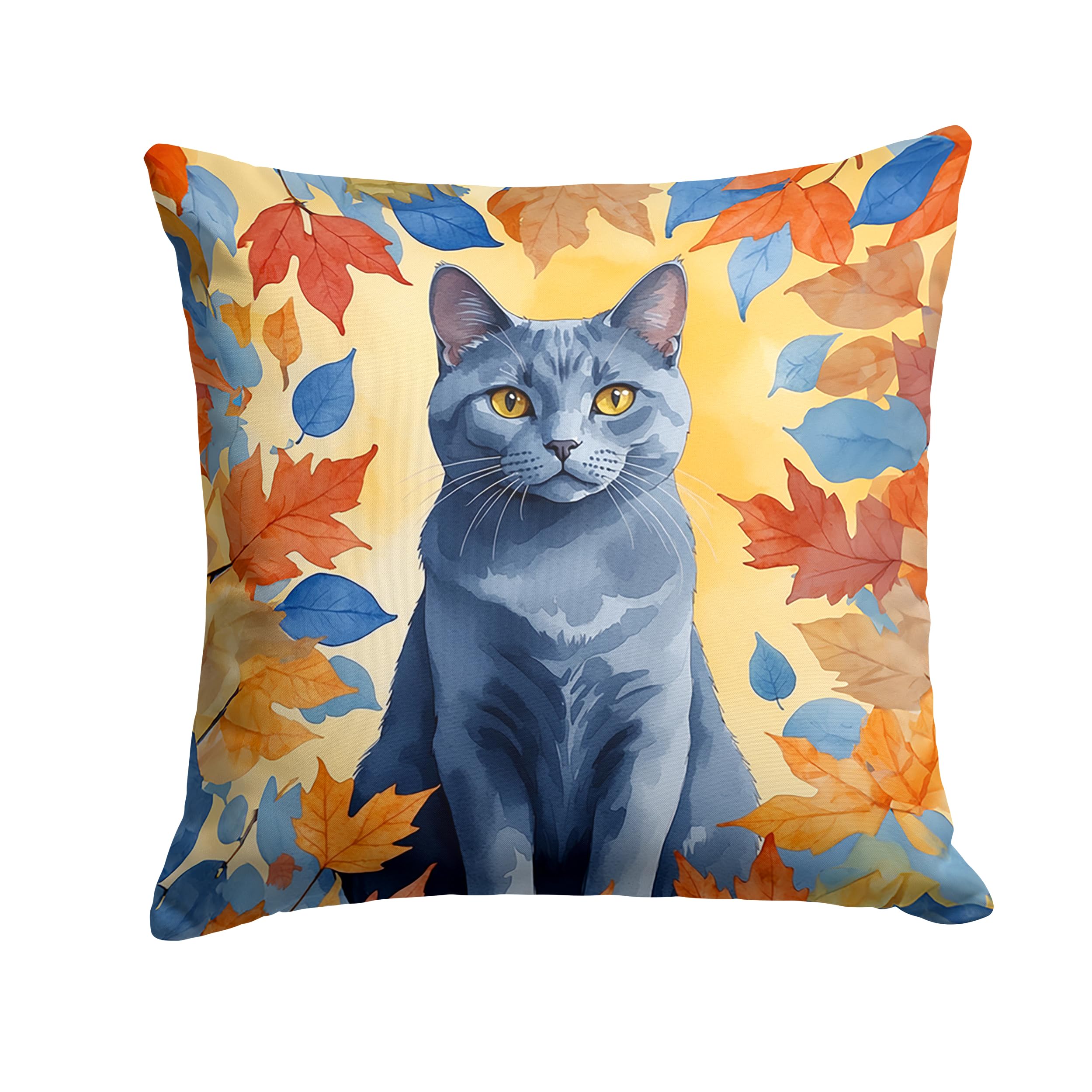 Carolines Treasures Chartreux Cat in Fall Leaves Throw Pillow Machine Washable, Indoor Outdoor Decorative Pillow for Couch, Bed or Patio, 14Hx14W