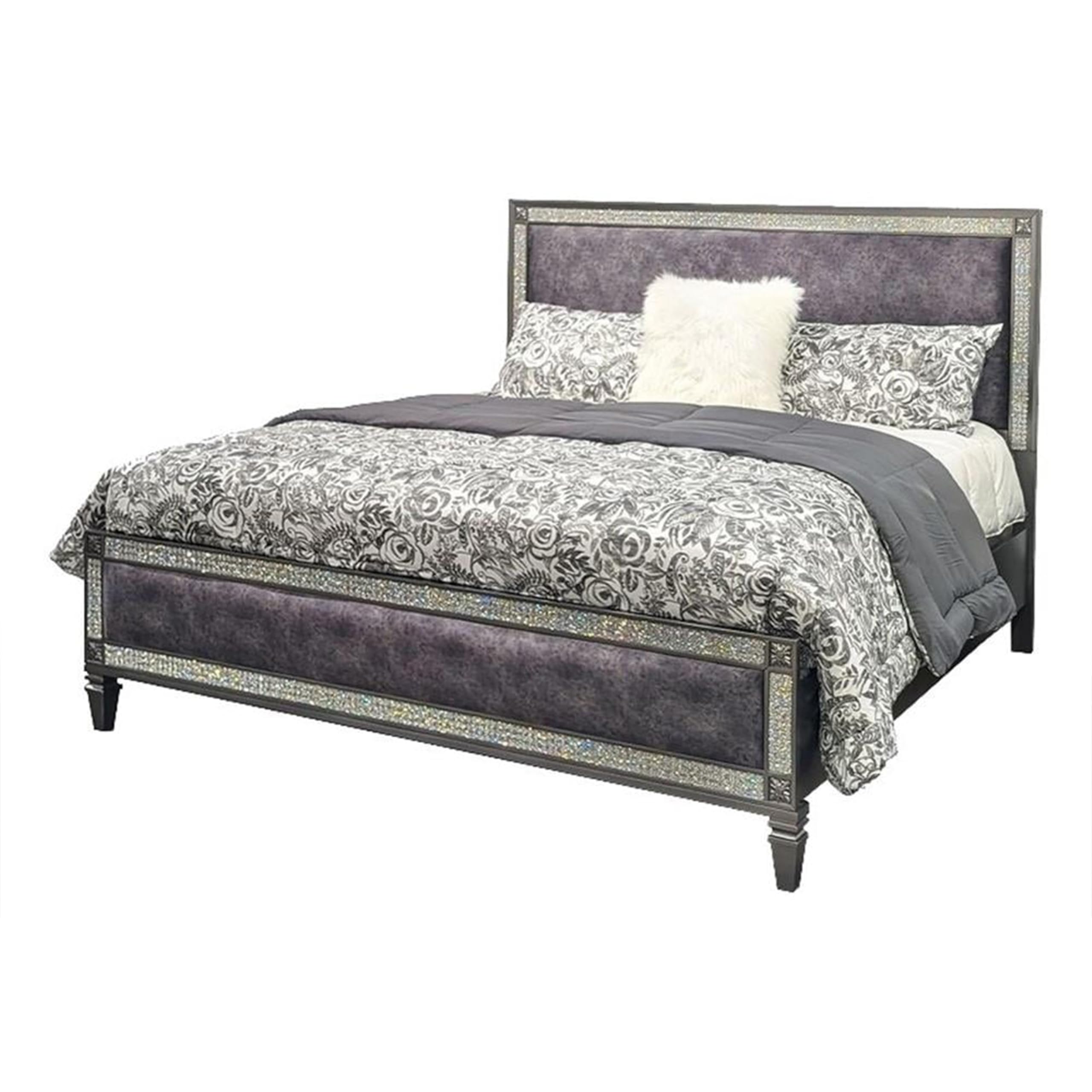 Laine Full Bed, Glam Crystal Acrylic Trim, Gray Fabric Upholstered