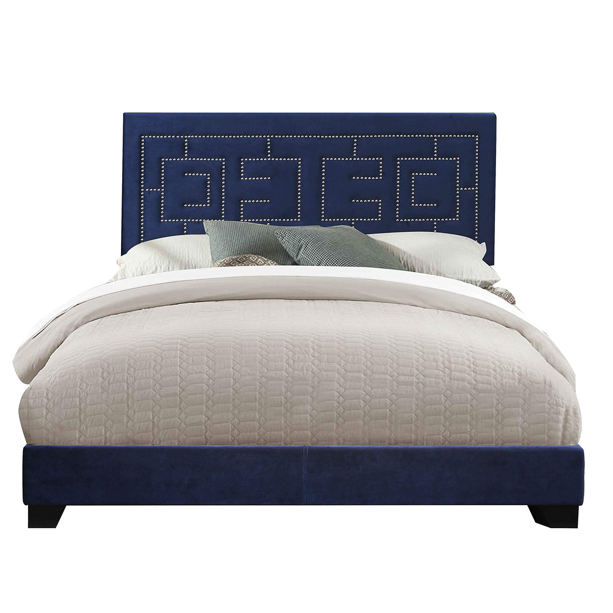 Benjara Fabric Eastern King Bed With Geometric Pattern Nailhead Trims, Blue