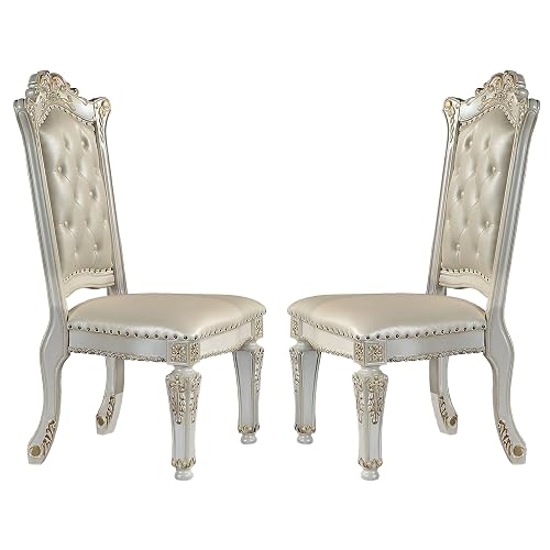 Doe 27 Inch Side Dining Chair Set of 2, Nailhead, Tufted White Faux Leather
