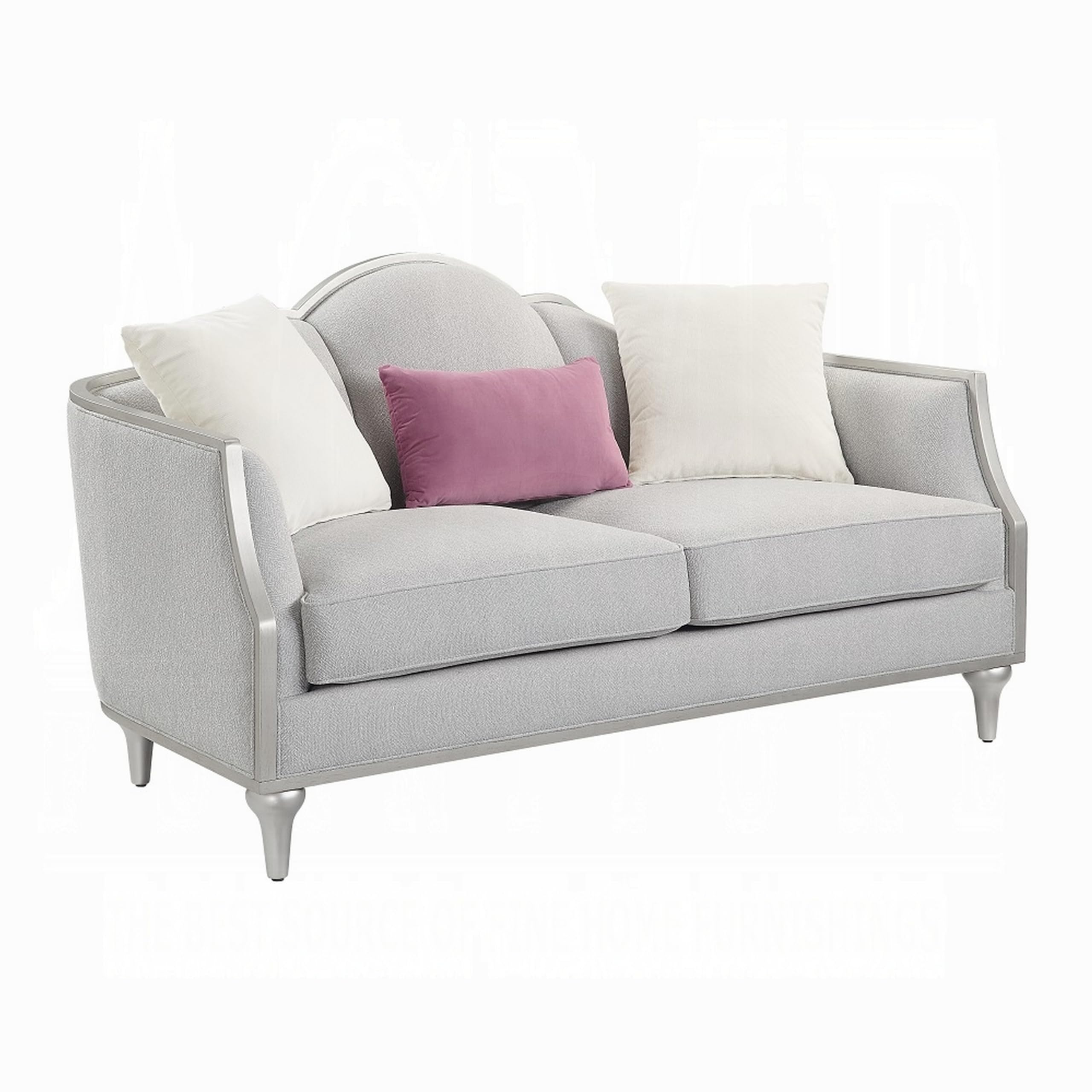 Kyna Loveseat, 3 Pillows, 66 Inch Champagne Wood Frame and Beige Linen
