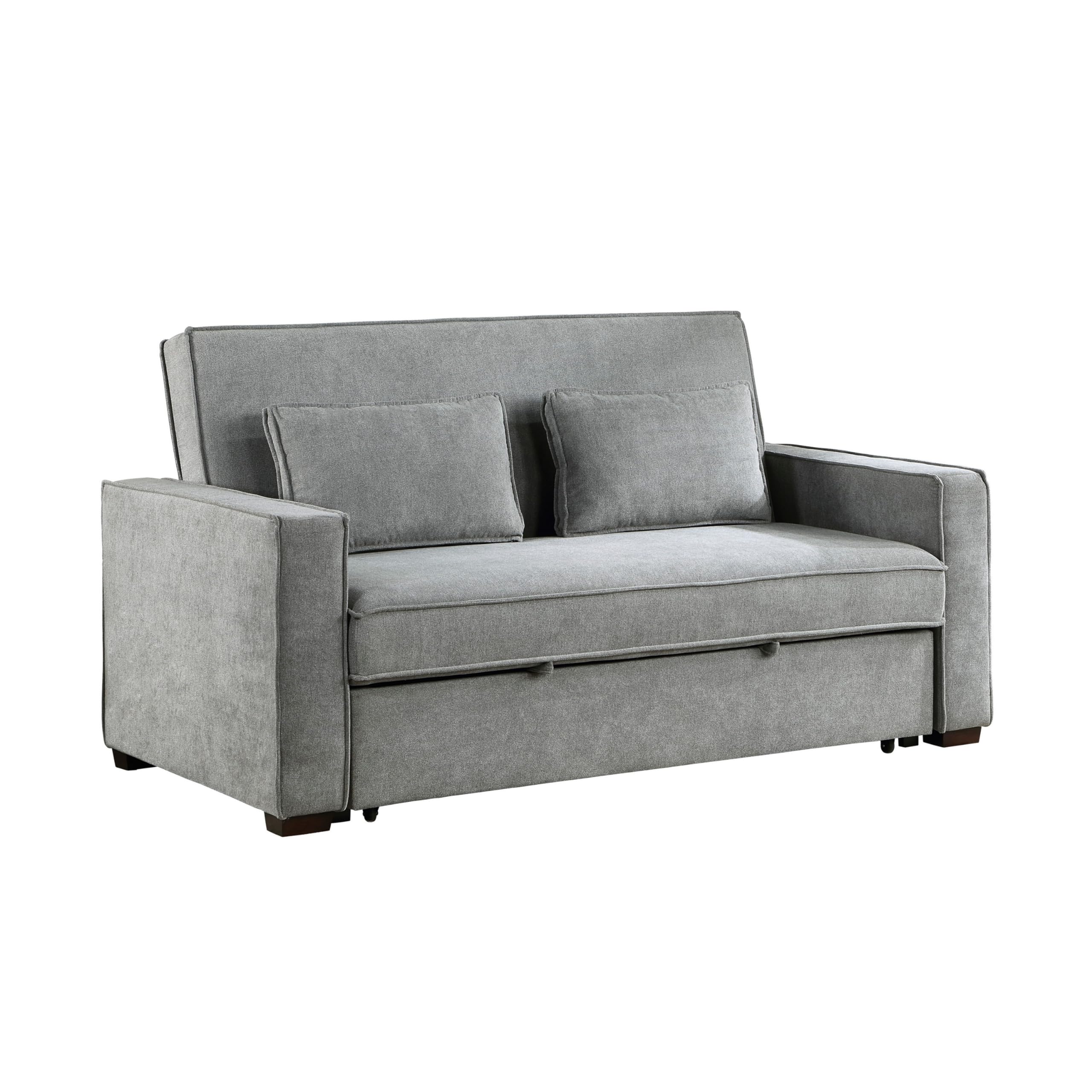 Malti 77 Inch Sofa with Pull Out Bed, Gray Polyester, 2 Pillows, Solid Wood
