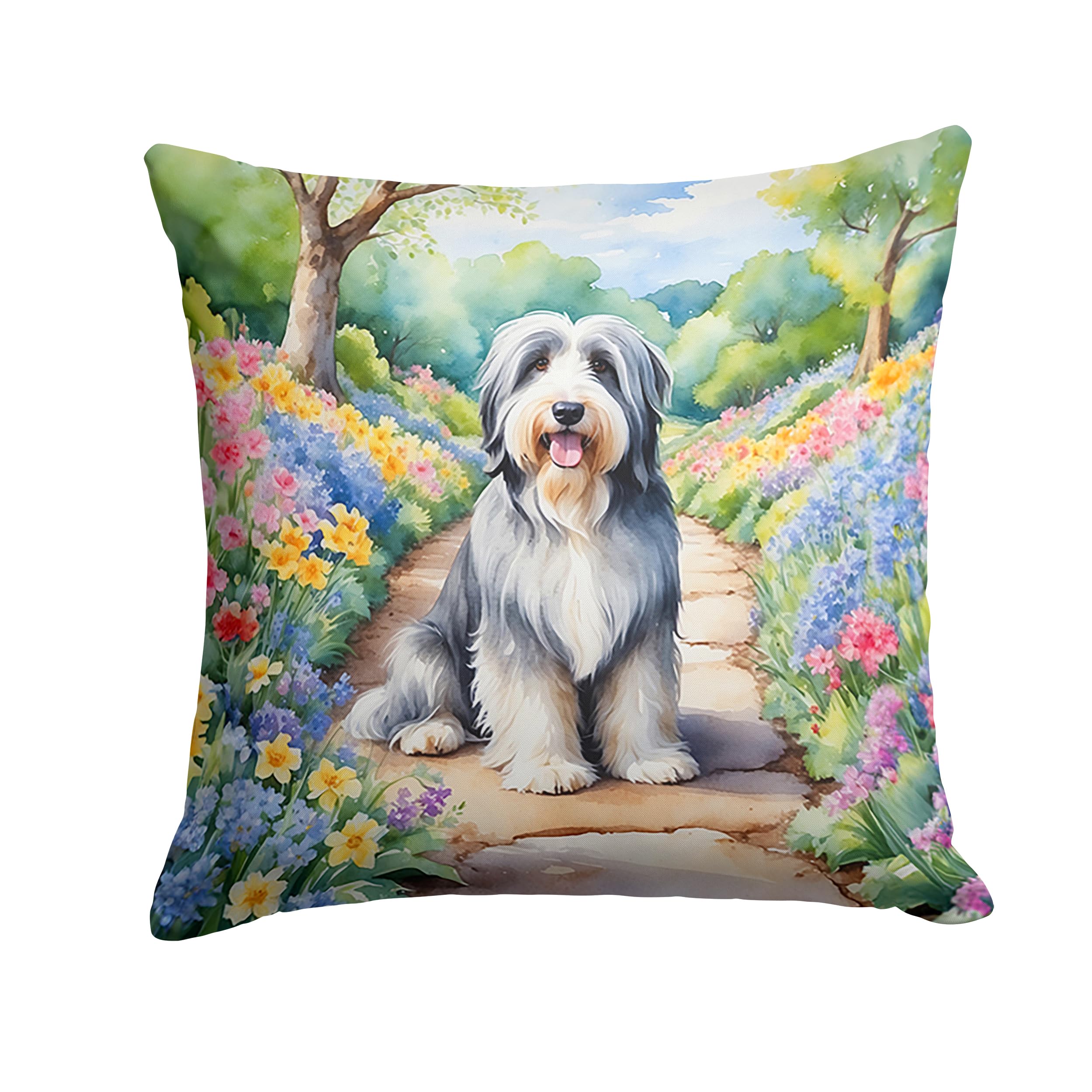 Bearded Collie Spring Garden Throw Pillow