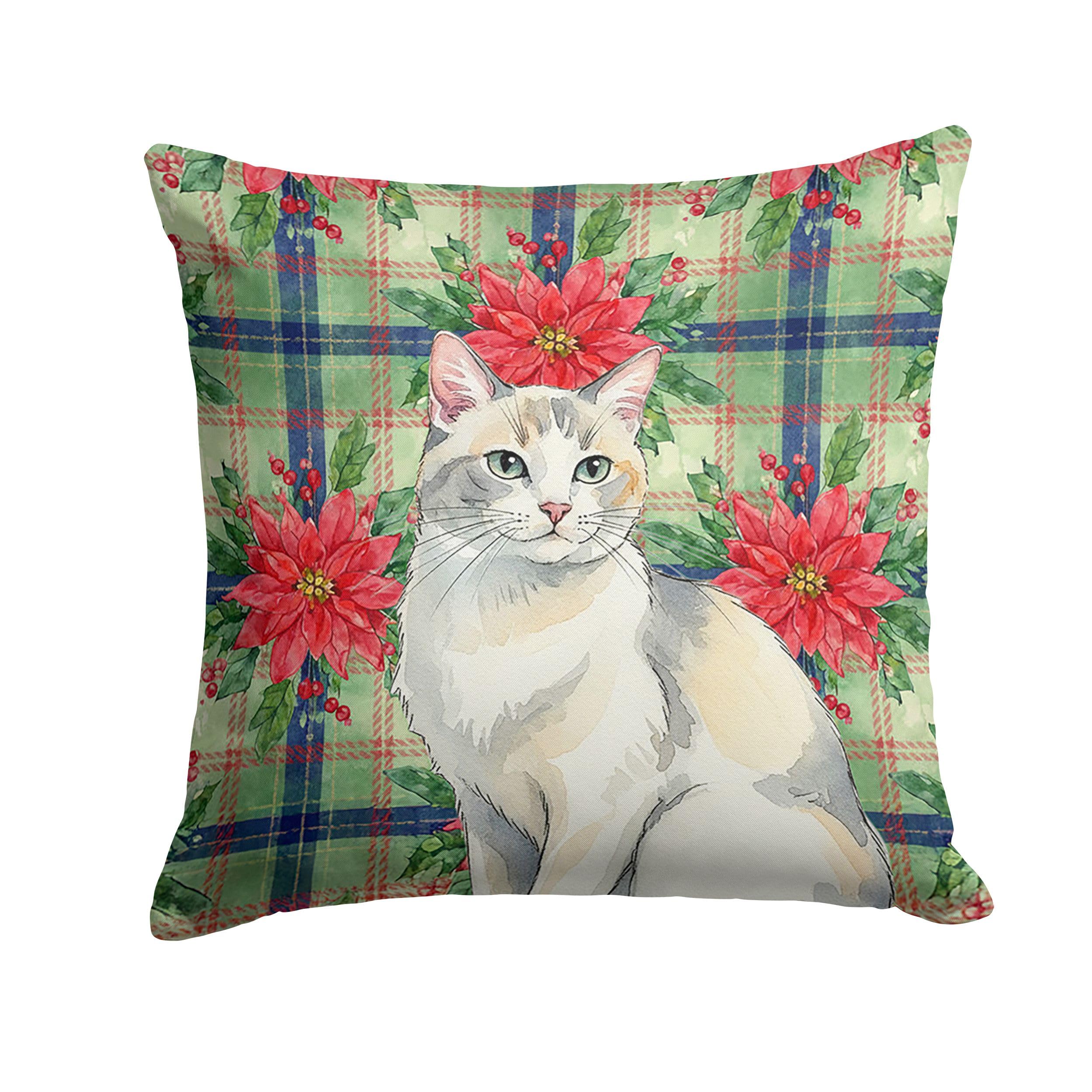 Carolines Treasures Dilute Calico Cat with Poinsettias Throw Pillow Decorative Indoor Outdoor Accent Cushion for Couch, Bed or Patio, 18Hx18W