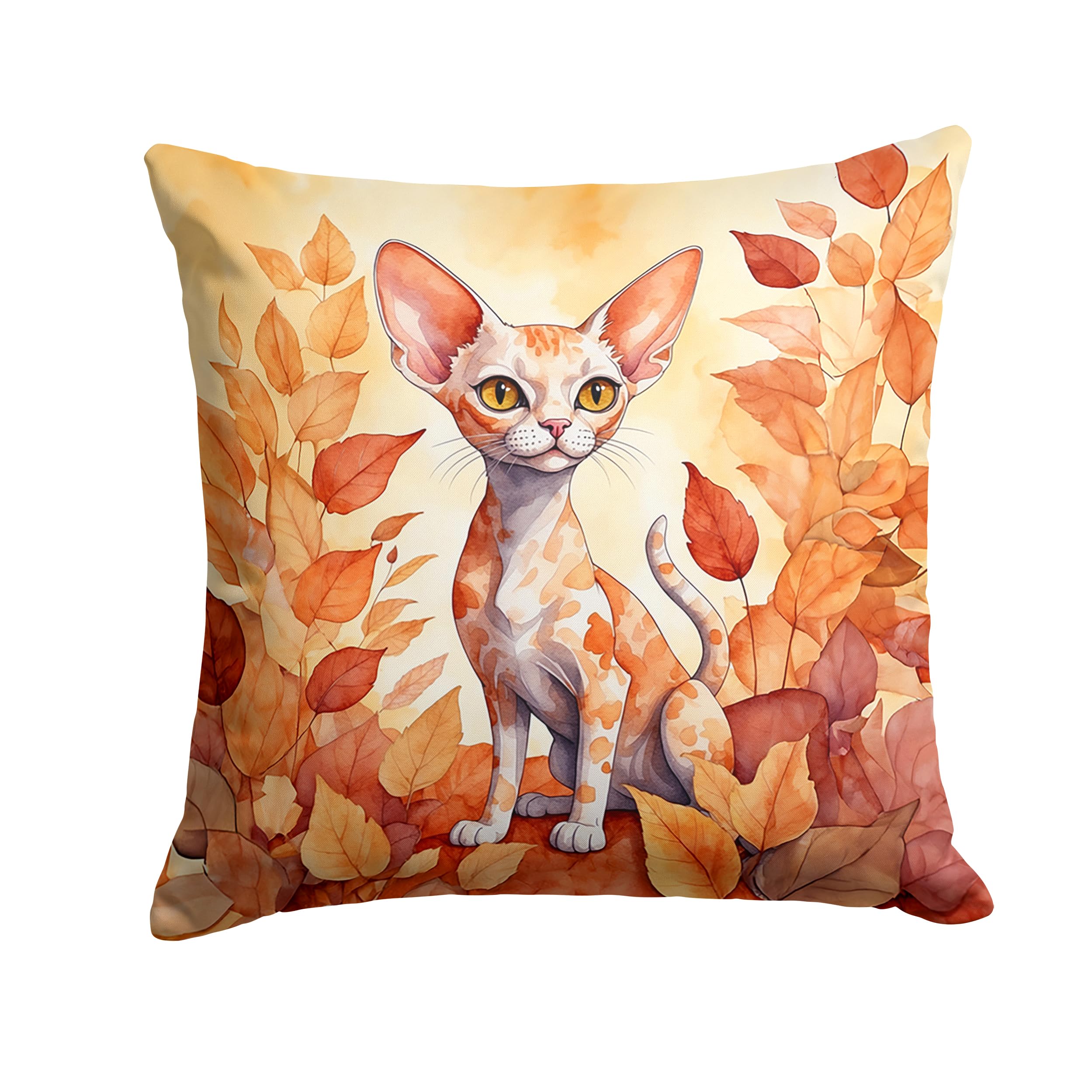 Carolines Treasures Devon Rex Cat in Fall Leaves Throw Pillow Machine Washable, Indoor Outdoor Decorative Pillow for Couch, Bed or Patio, 18Hx18W