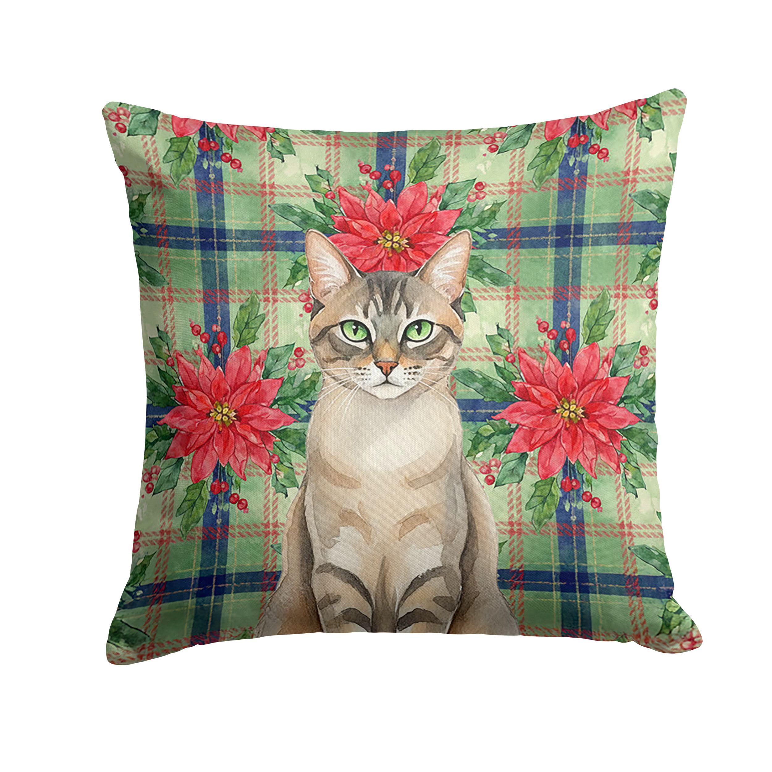 Carolines Treasures Lynx Point Tabby Cat with Poinsettias Throw Pillow Decorative Indoor Outdoor Accent Cushion for Couch, Bed or Patio, 18Hx18W