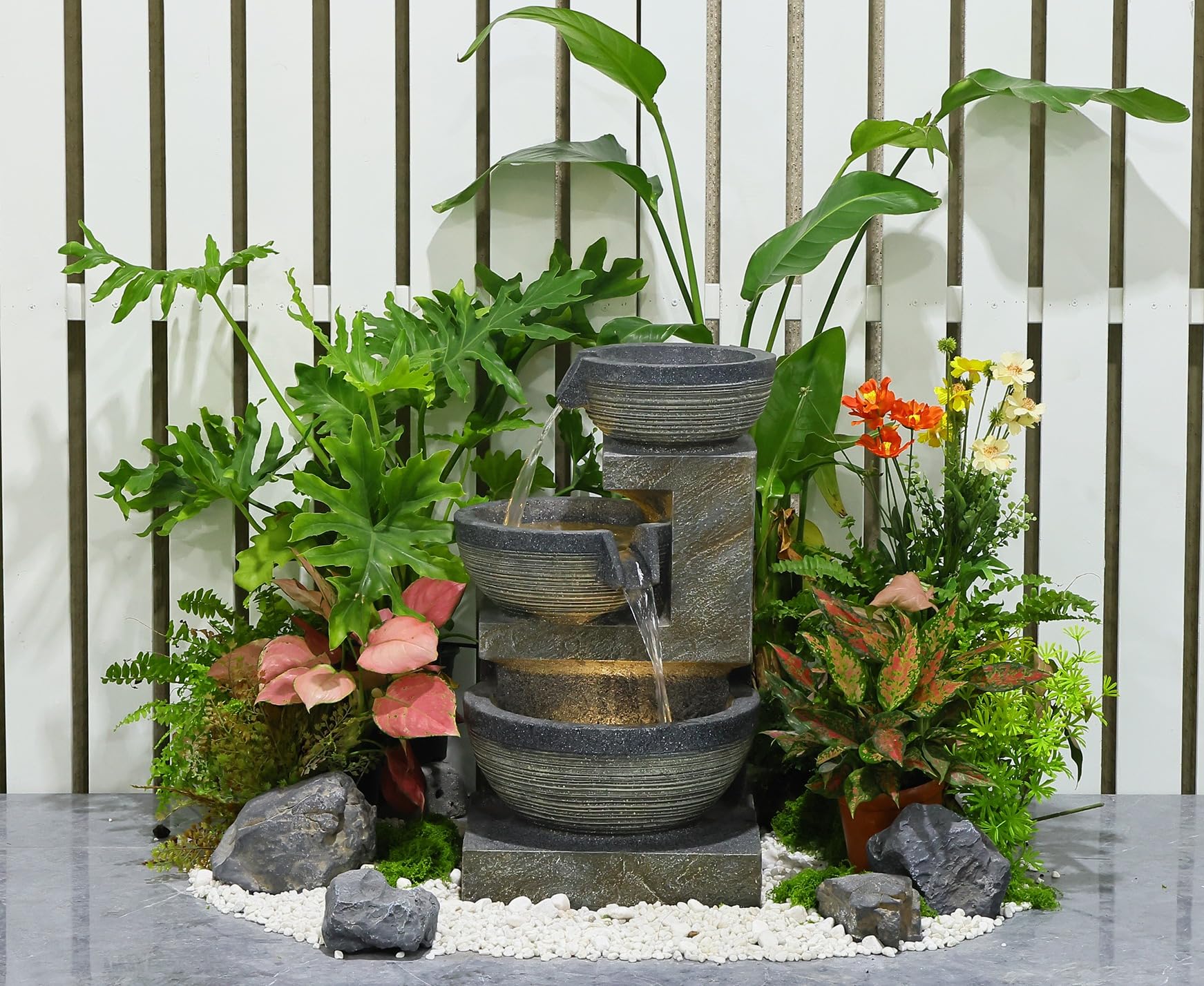 Hi-Line Gift Ltd 79759 Enchanting Outdoor Fountain with 12 Warm White LED Lights - Gray