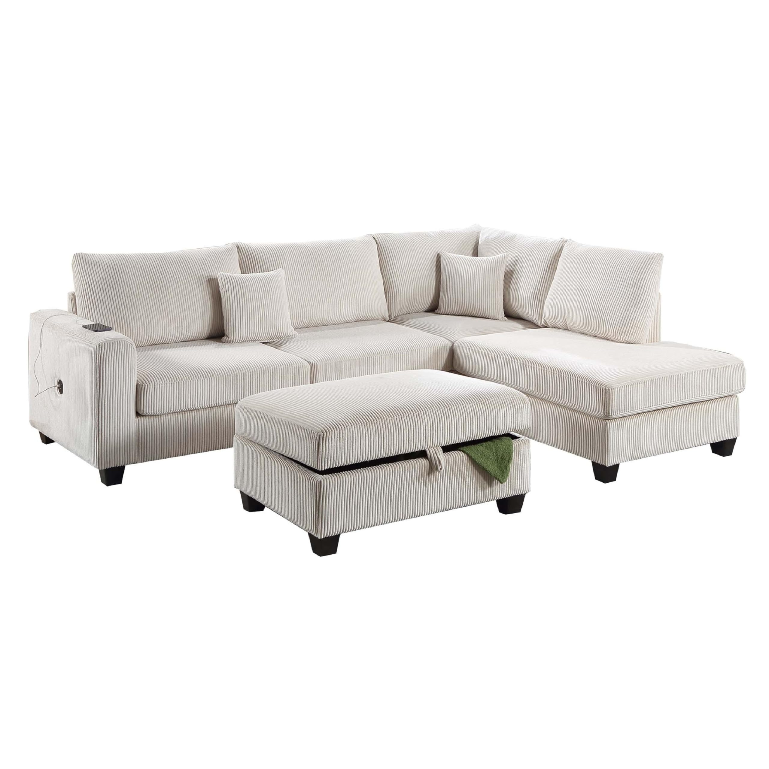 Roe 3pc Sectional Sofa Set with Chaise, Ottoman, 2 Pillows, Ivory