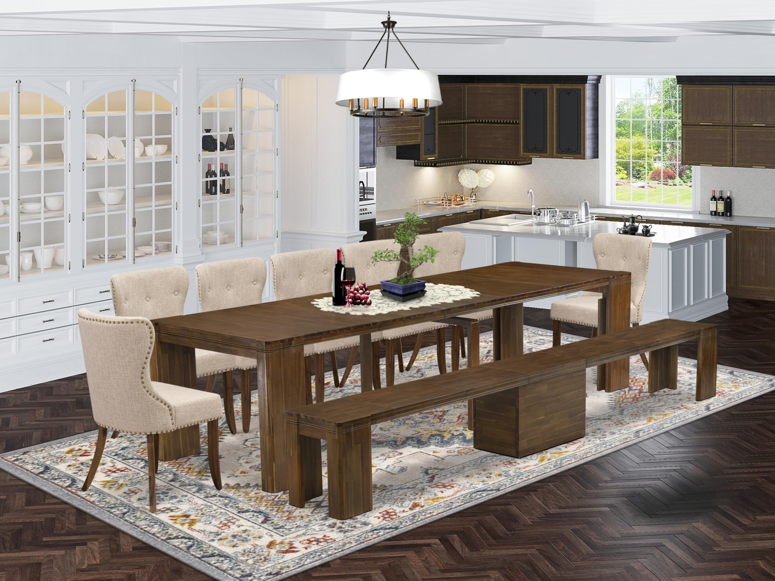 9 Pieces Extendable Dining Set Includes a Rectangle Kitchen Table