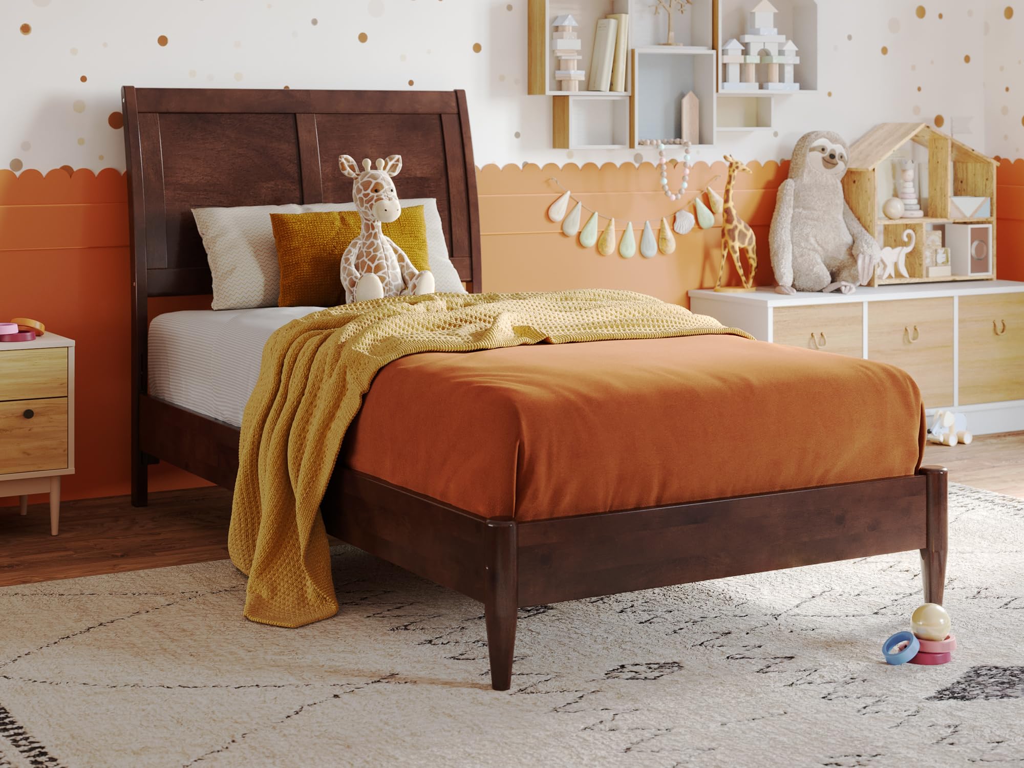 Valencia Twin Solid Wood Low Profile Sleigh Platform Bed in Walnut