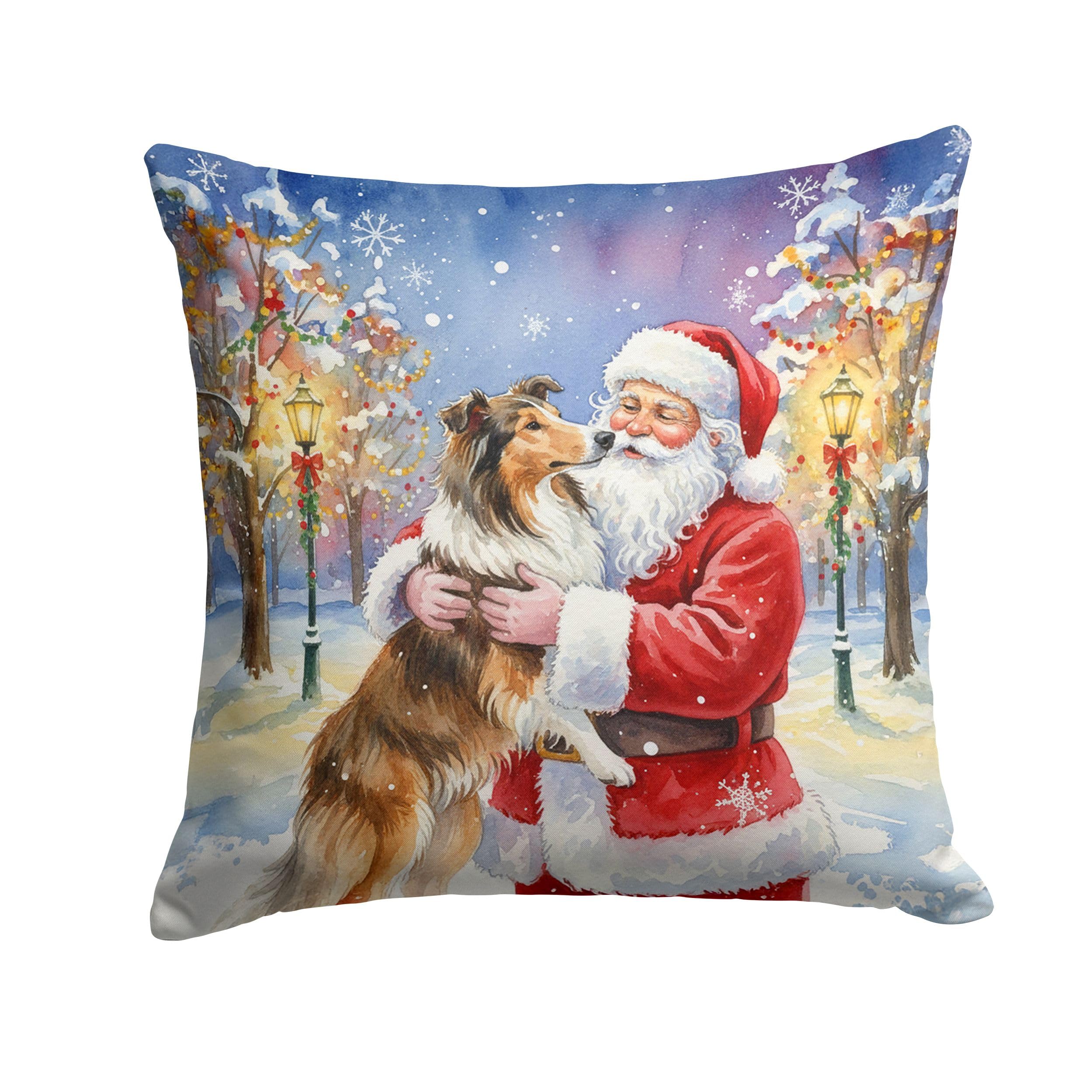 Carolines Treasures Collie with Santa Claus Throw Pillow Decorative Indoor Outdoor Accent Cushion for Couch, Bed or Patio, 14Hx14W