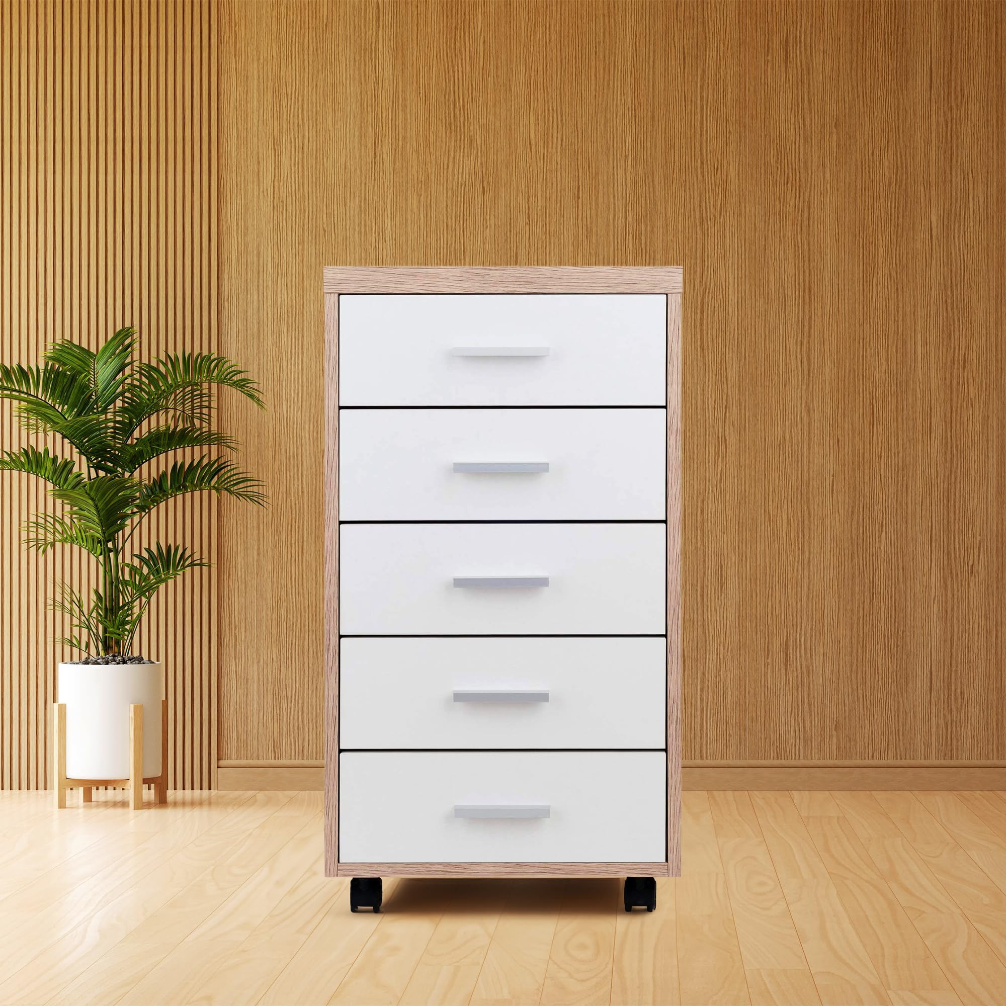 Casafoyer Two-Tone Matte Finish Rectangular Wood Mobile Storage Cabinet with 5 Drawers and Caster Wheels for Home and Office