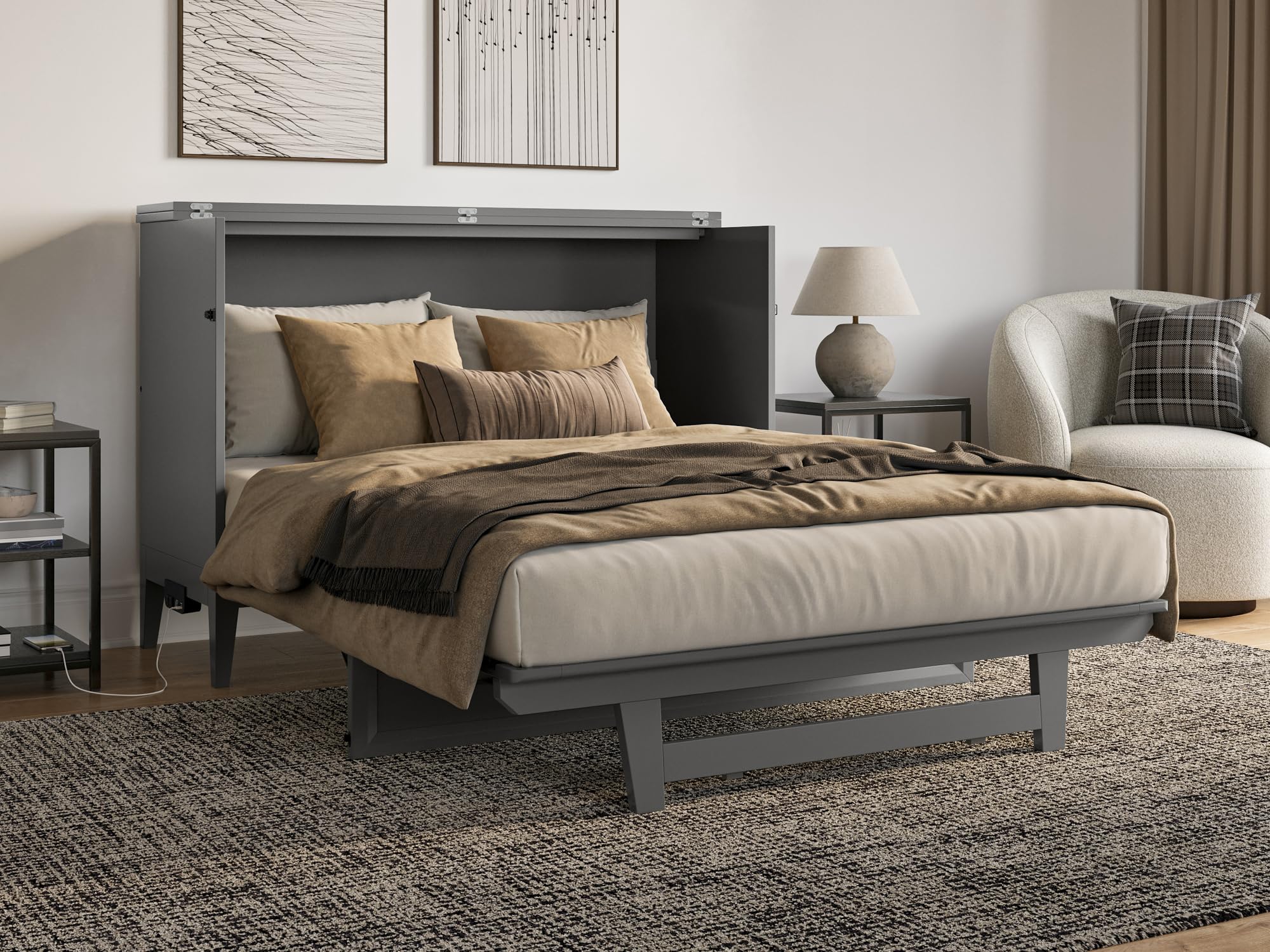Santa Fe Full Solid Wood Murphy Bed Chest with Mattress and Built-in Charger in Grey
