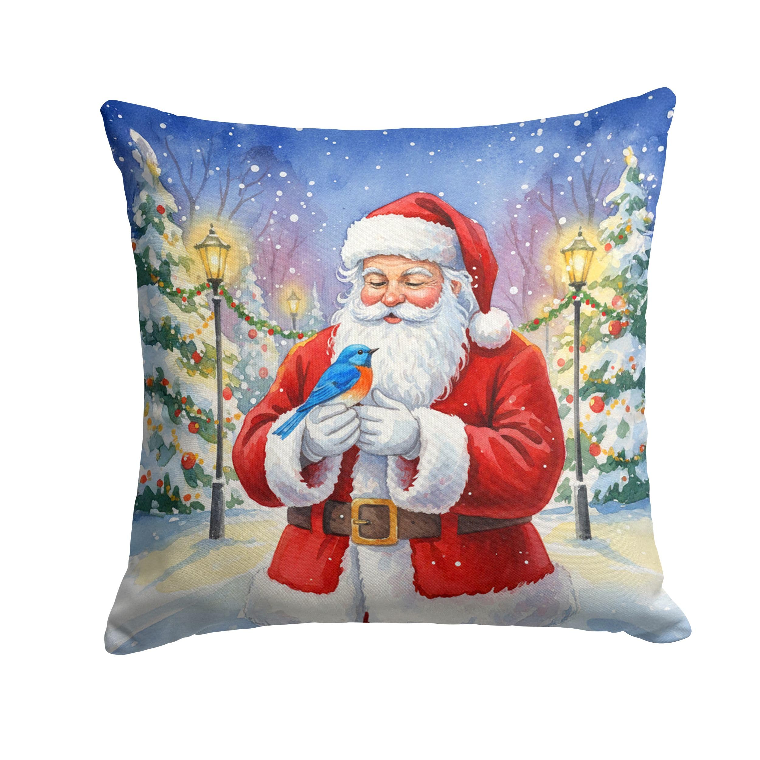 Carolines Treasures Bluebird with Santa Claus Throw Pillow Decorative Indoor Outdoor Accent Cushion for Couch, Bed or Patio, 14Hx14W