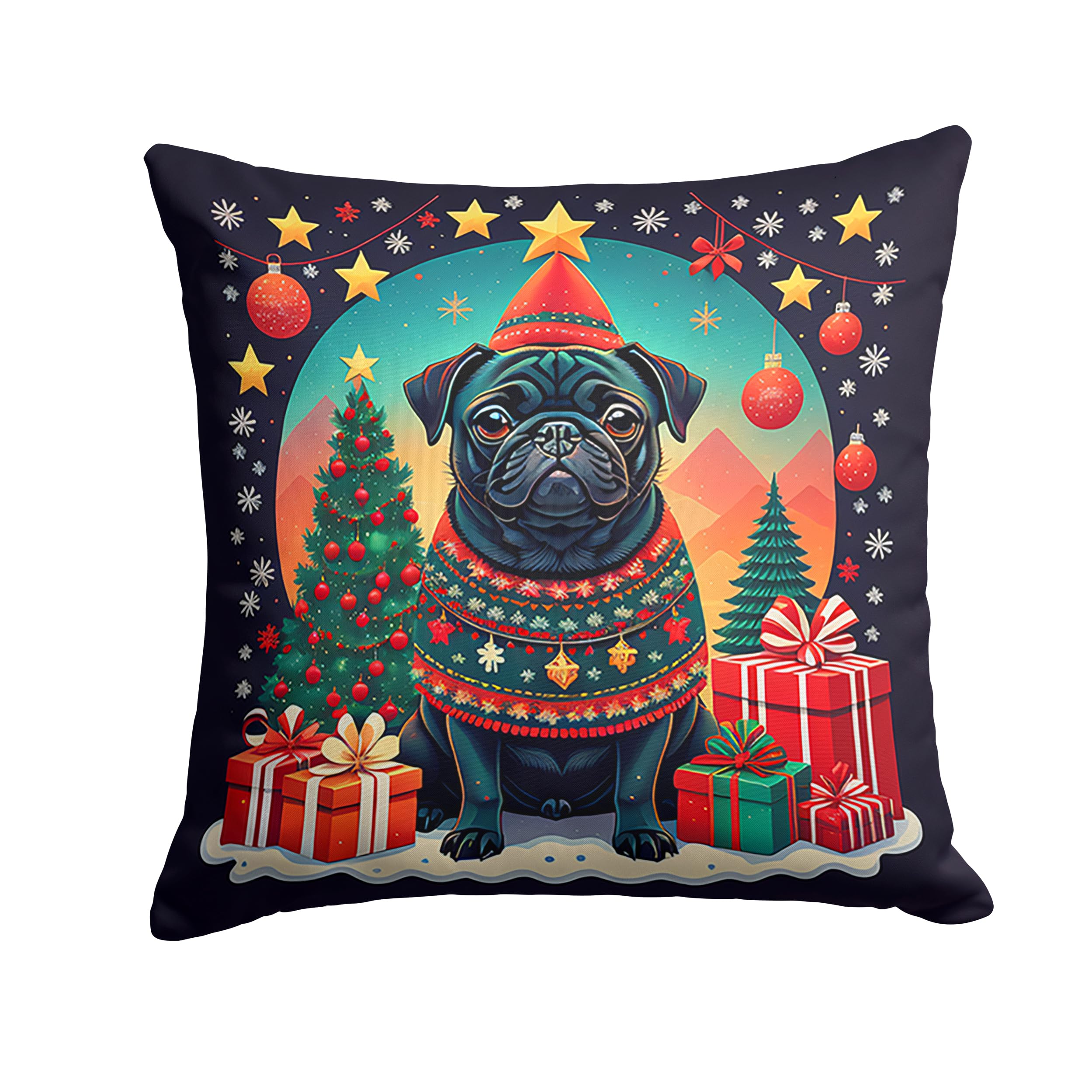 Carolines Treasures DAC1147PW1818 Black Pug Christmas Fabric Decorative Pillow Machine Washable, Indoor Outdoor Decorative Pillow for Couch, Bed or Patio, 18Hx18W