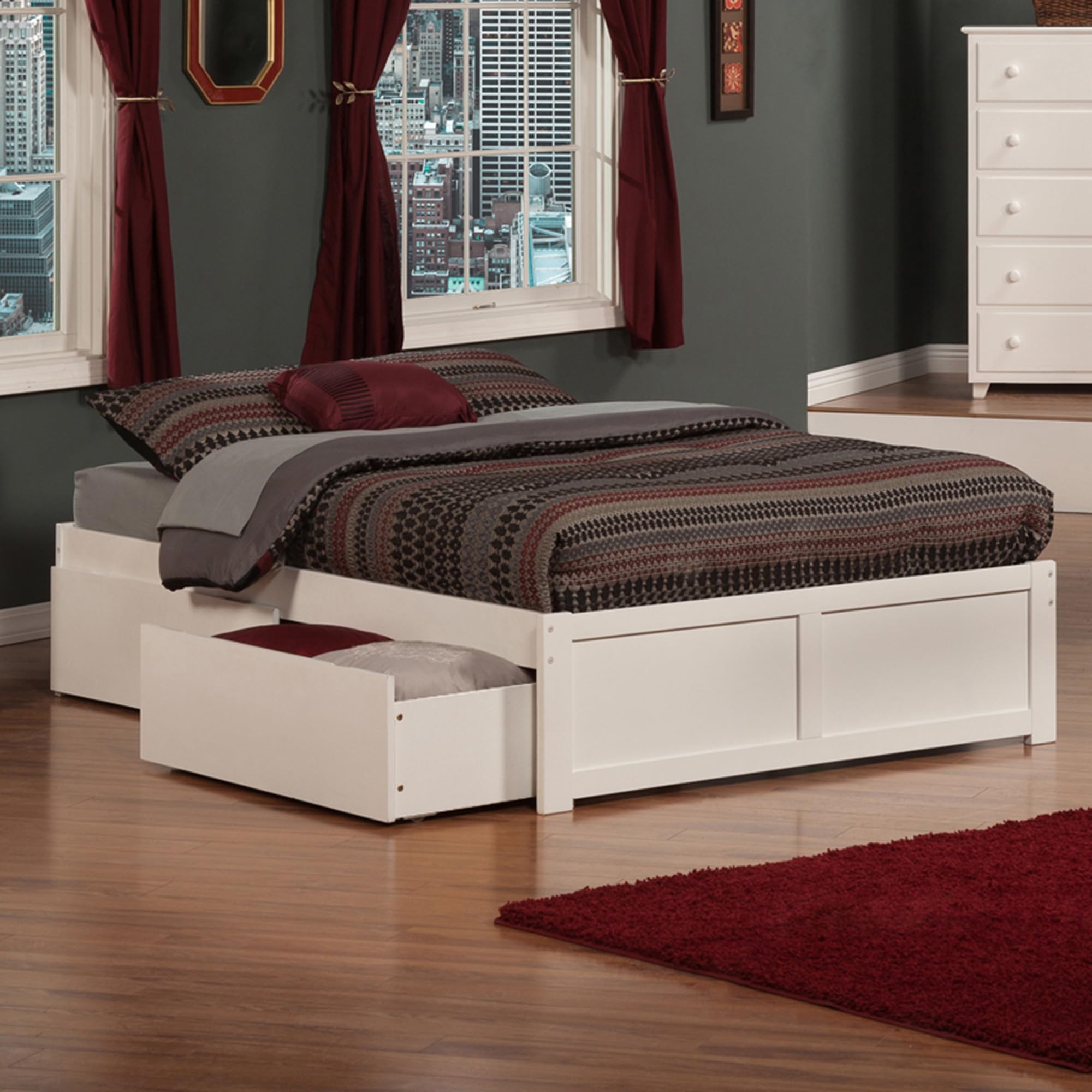 Concord Full Platform Bed with Flat Panel Foot Board and 2 Urban Bed Drawers in White