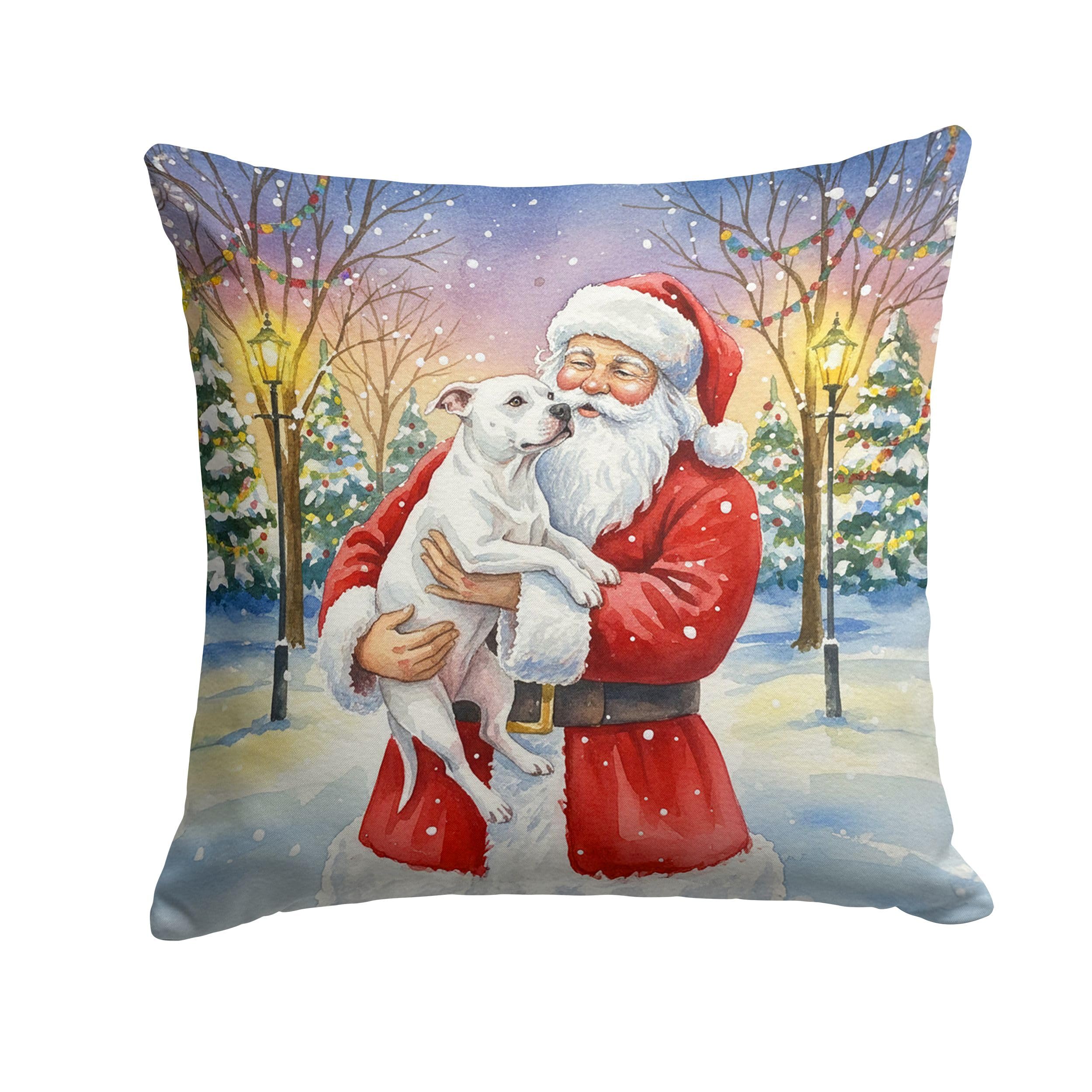 Carolines Treasures White Pit Bull Terrier with Santa Claus Throw Pillow Decorative Indoor Outdoor Accent Cushion for Couch, Bed or Patio, 18Hx18W