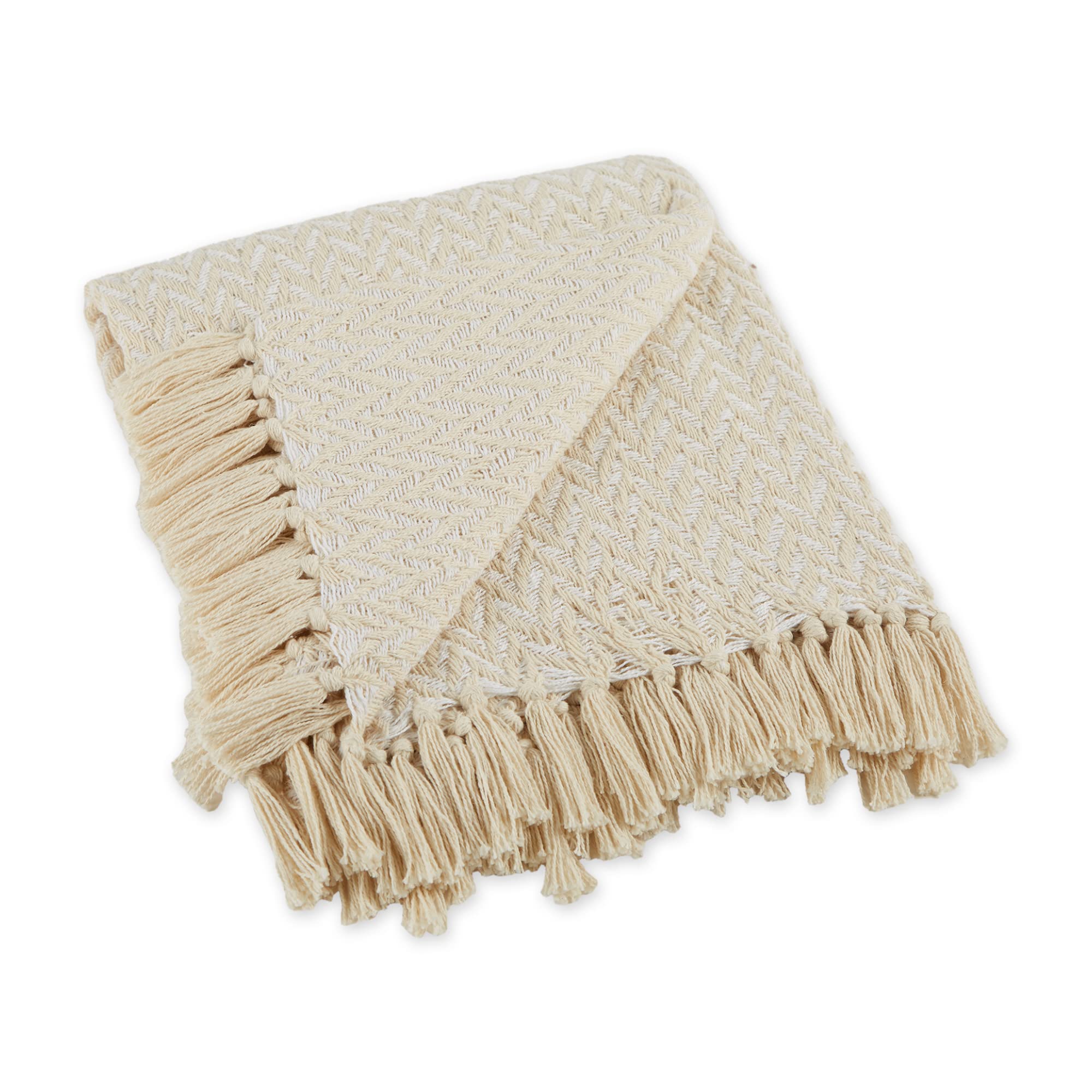 Dii Modern Zig Zag Throw Blanket Woven Cotton, Hand-Knotted 2.5  Fringe, 50X60, Natural