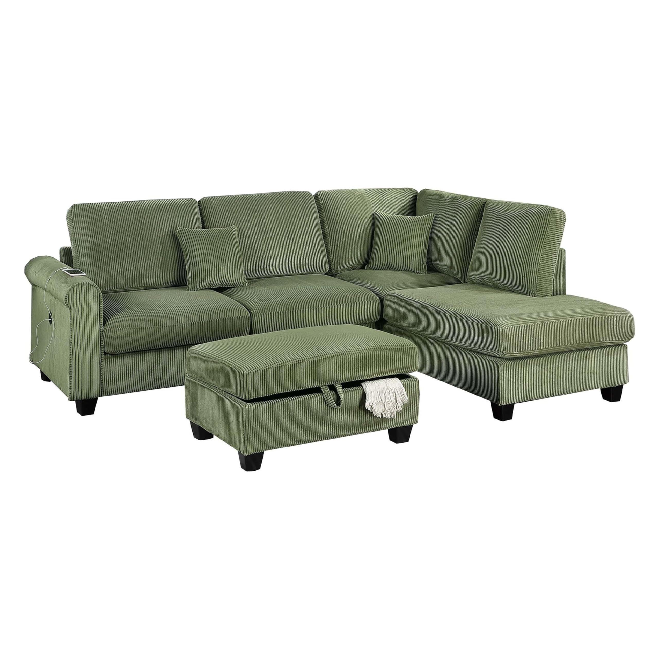 Roe 3pc Sectional Sofa Set w Chaise, Ottoman, 2 Pillows,  Green