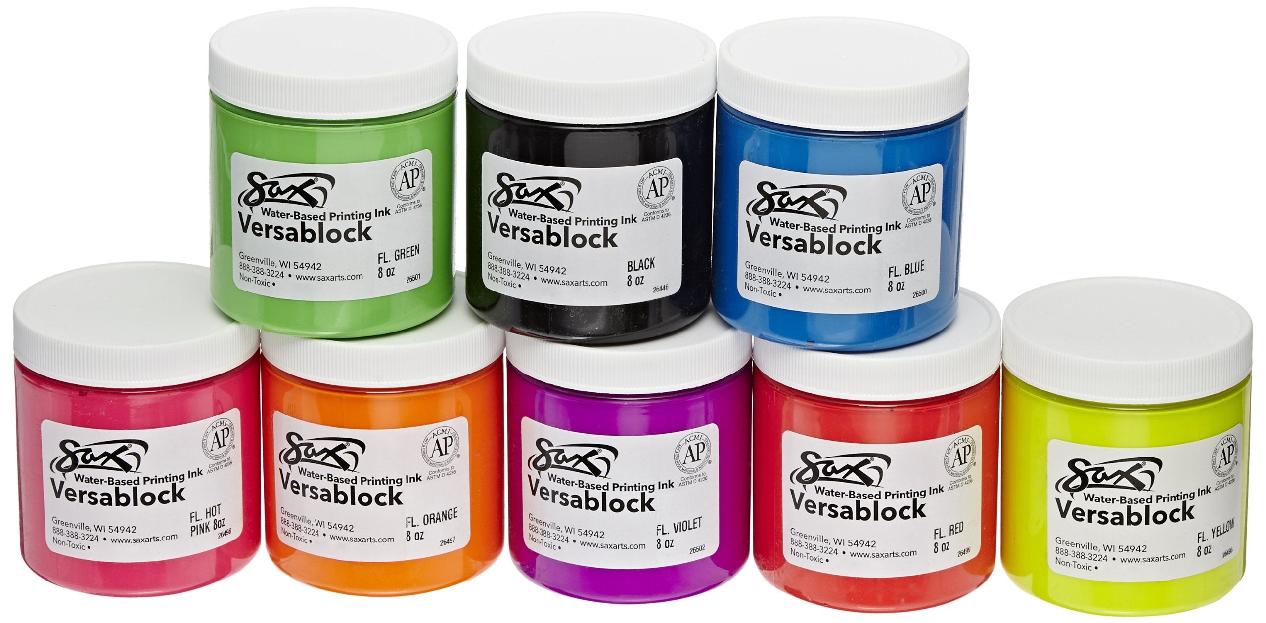 Sax 457451 Versablock Water-Based Fluorescent Block Printing Ink, 8 Ounces, Assorted Colors, Set Of 8