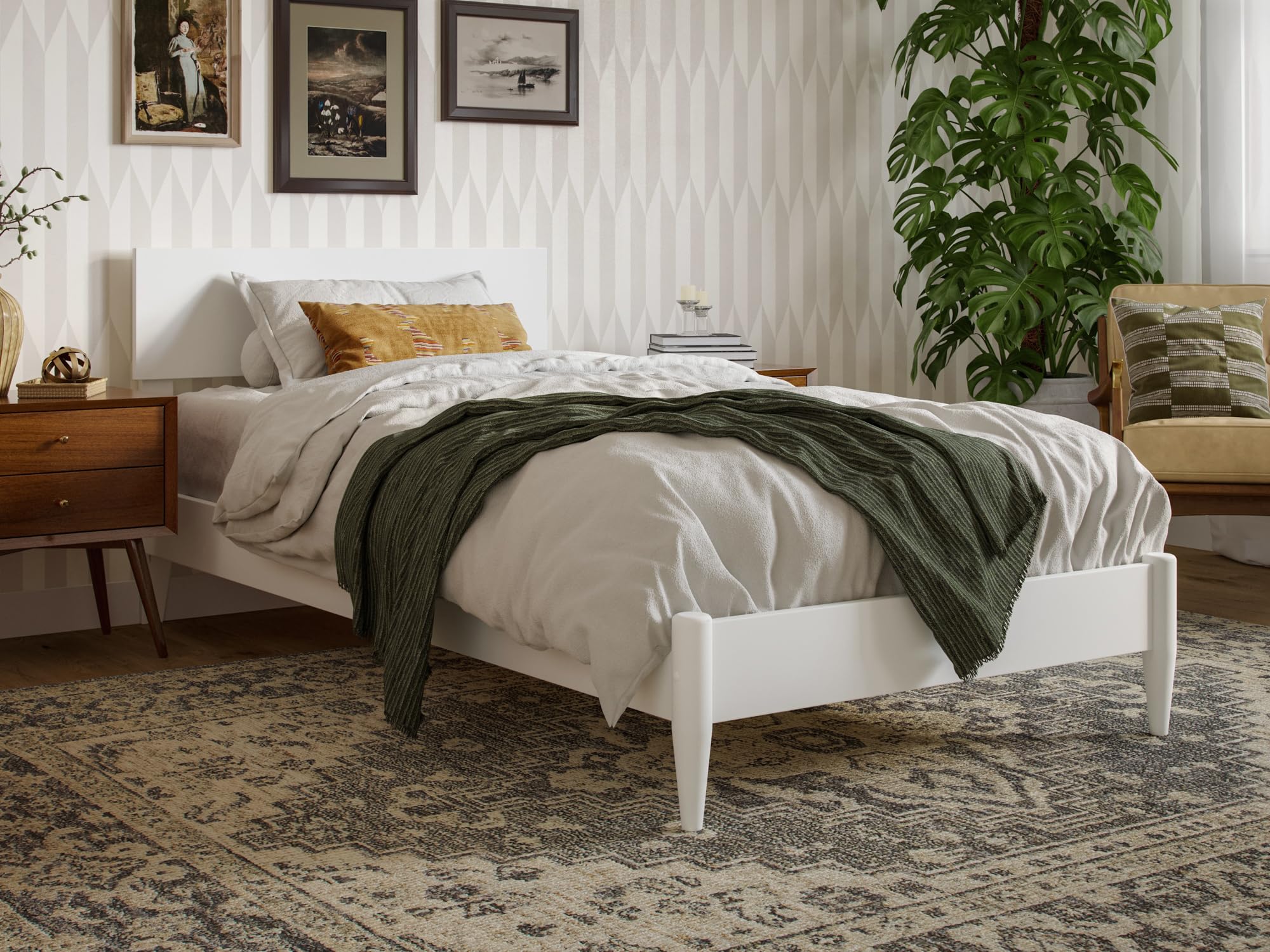 Aria Twin XL Solid Wood Modern Low Profile Platform Bed in White