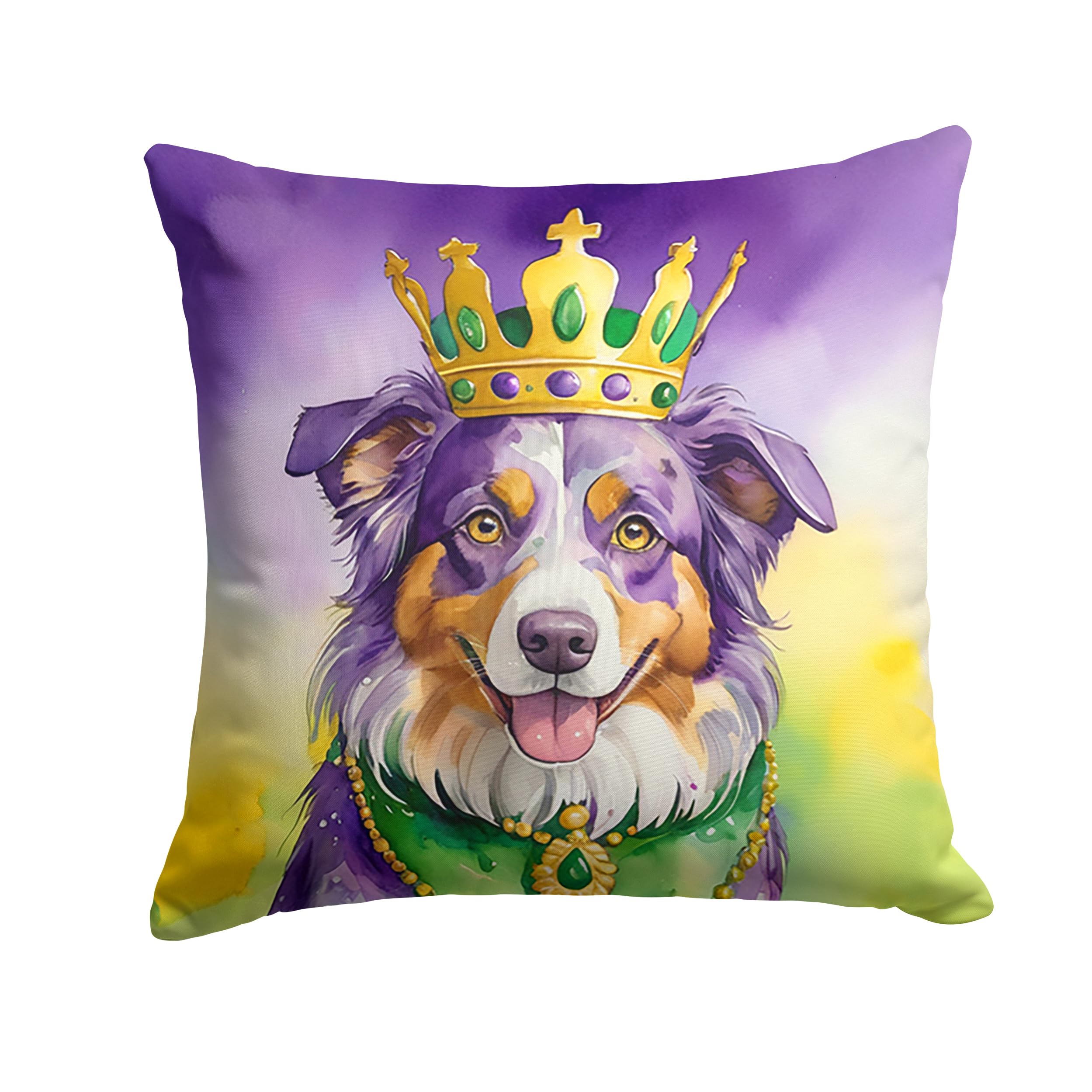 Carolines Treasures Australian Shepherd King of Mardi Gras Throw Pillow Machine Washable, Indoor Outdoor Decorative Pillow for Couch, Bed or Patio, 14Hx14W