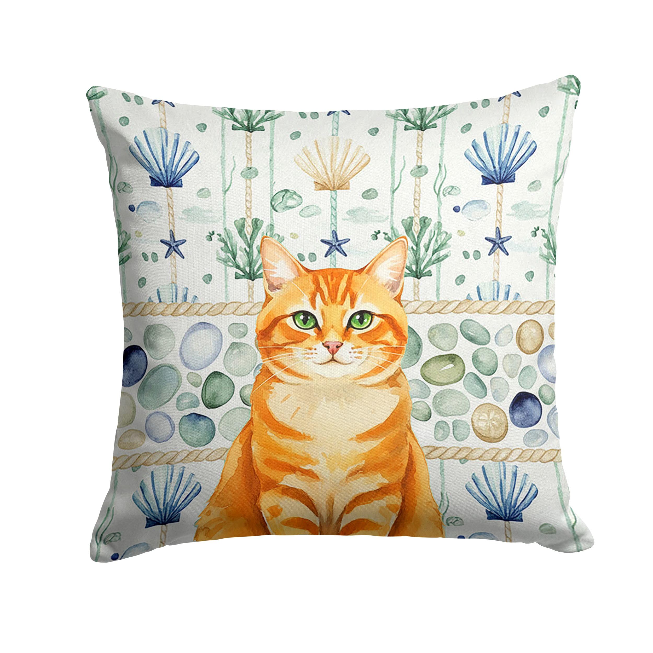 Carolines Treasures Orange Classic Tabby Cat Coastal Sea Glass Throw Pillow Decorative Indoor Outdoor Accent Cushion for Couch, Bed or Patio, 18Hx18W