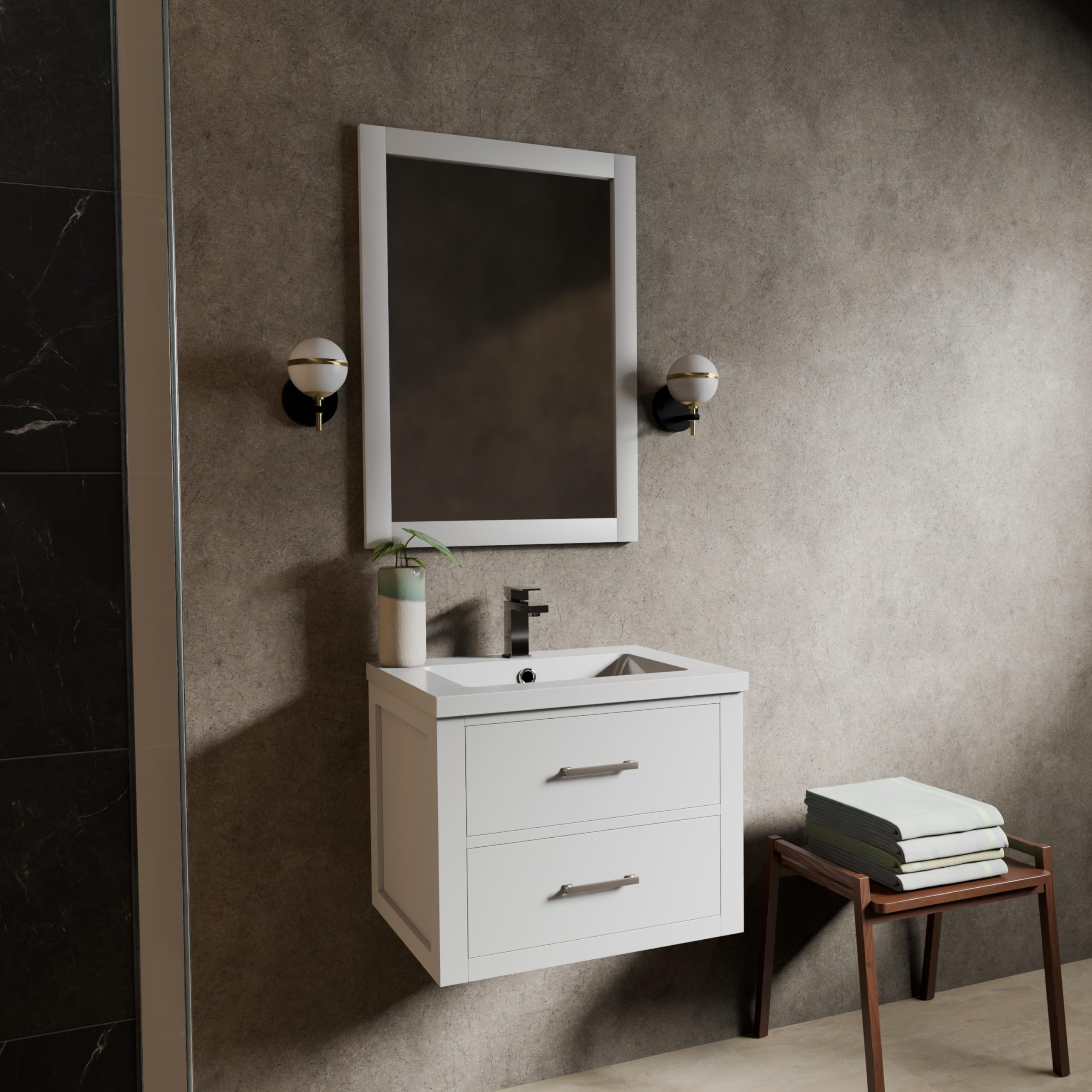 Castor 24 in W x 18 in D White Single Bath Vanity Acrylic Countertop, 18 in Mirror and Faucet Set