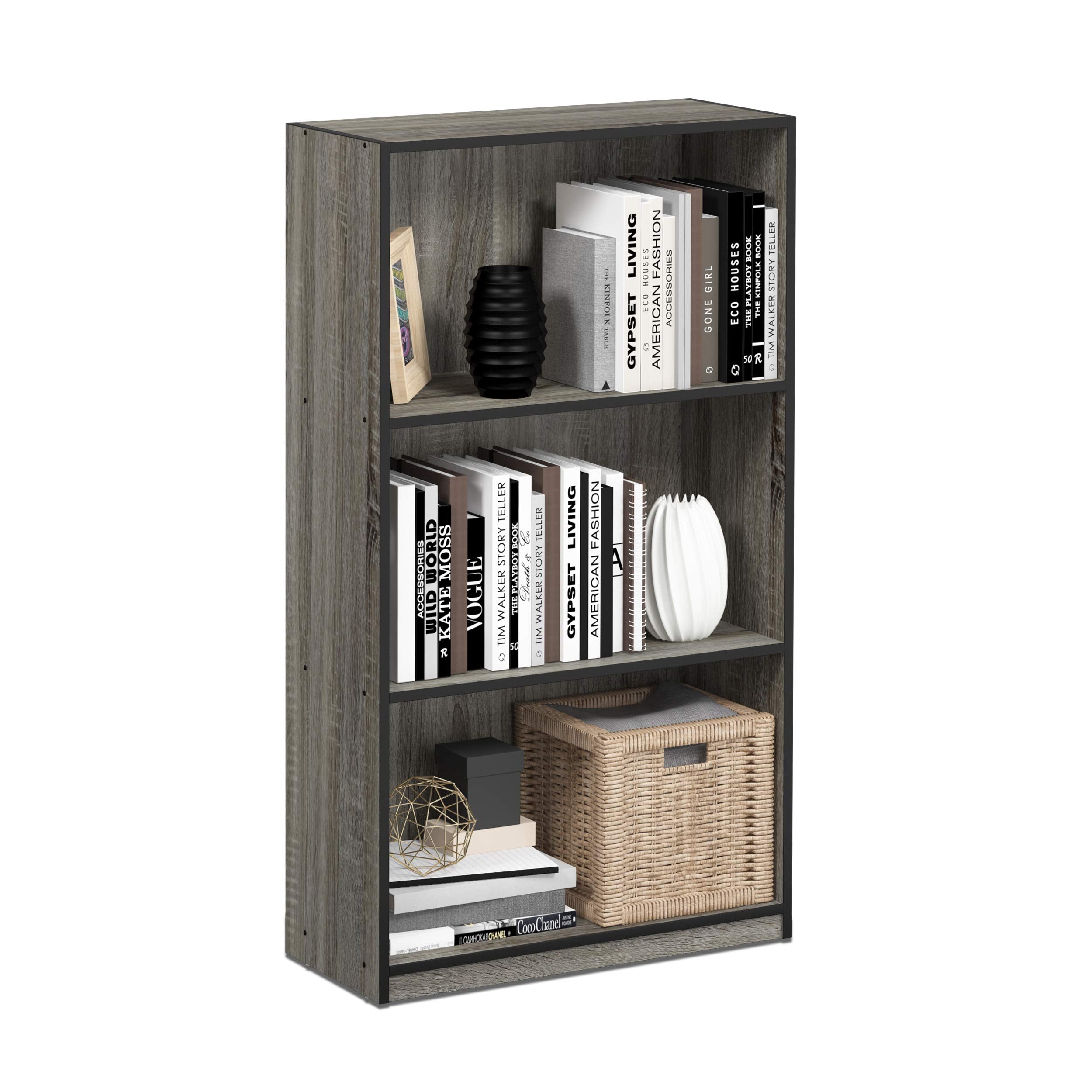 Furinno 99736 Basic 3-Tier Bookcase Storage Shelves, French Oak Grey/Black