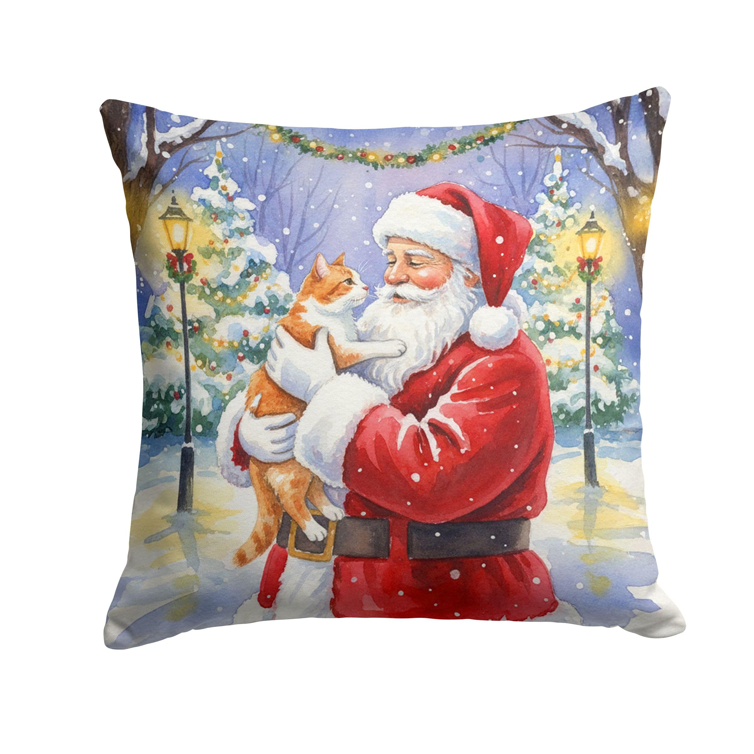 Carolines Treasures Orange and White Cat with Santa Claus Throw Pillow Decorative Indoor Outdoor Accent Cushion for Couch, Bed or Patio, 14Hx14W