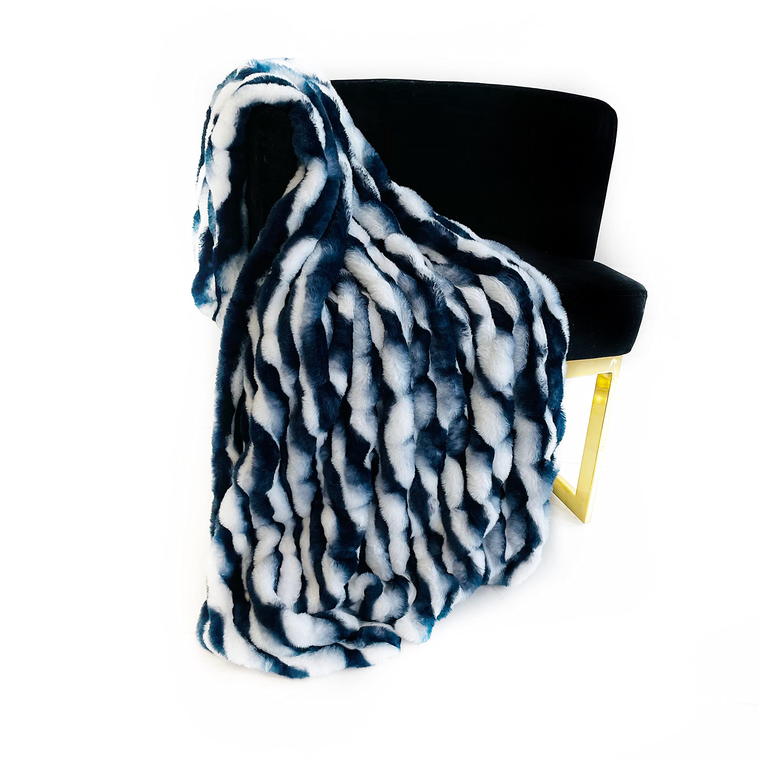 Plutus White Navy Snow Chinchilla Faux Fur Luxury Throw Blanket 60In X 90In