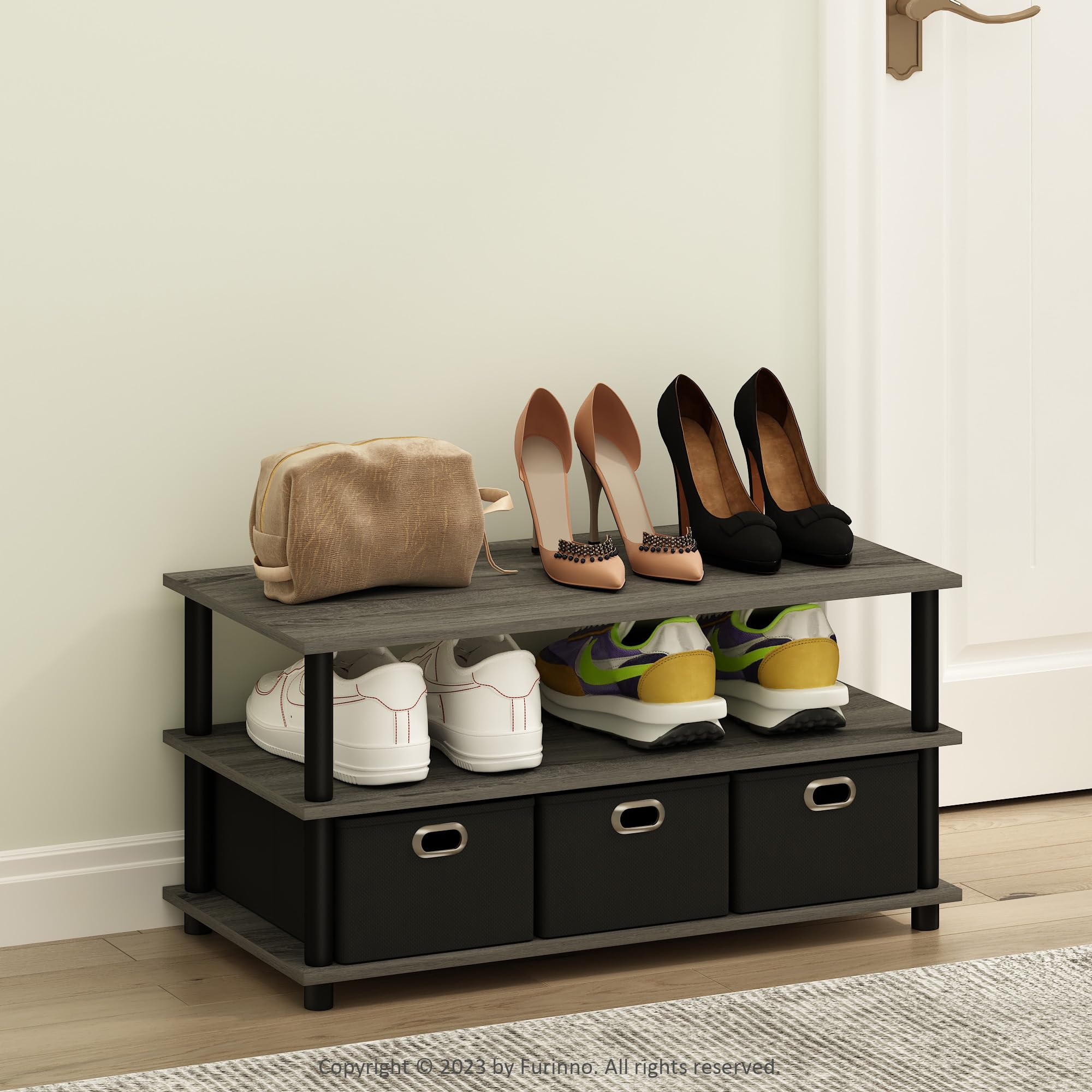 Furinno Turn-N-Tube Multipurpose Compact Open Storage Shoe Rack, Shoe Shelf Organizer with Bin Drawers, French Oak/Black/Black
