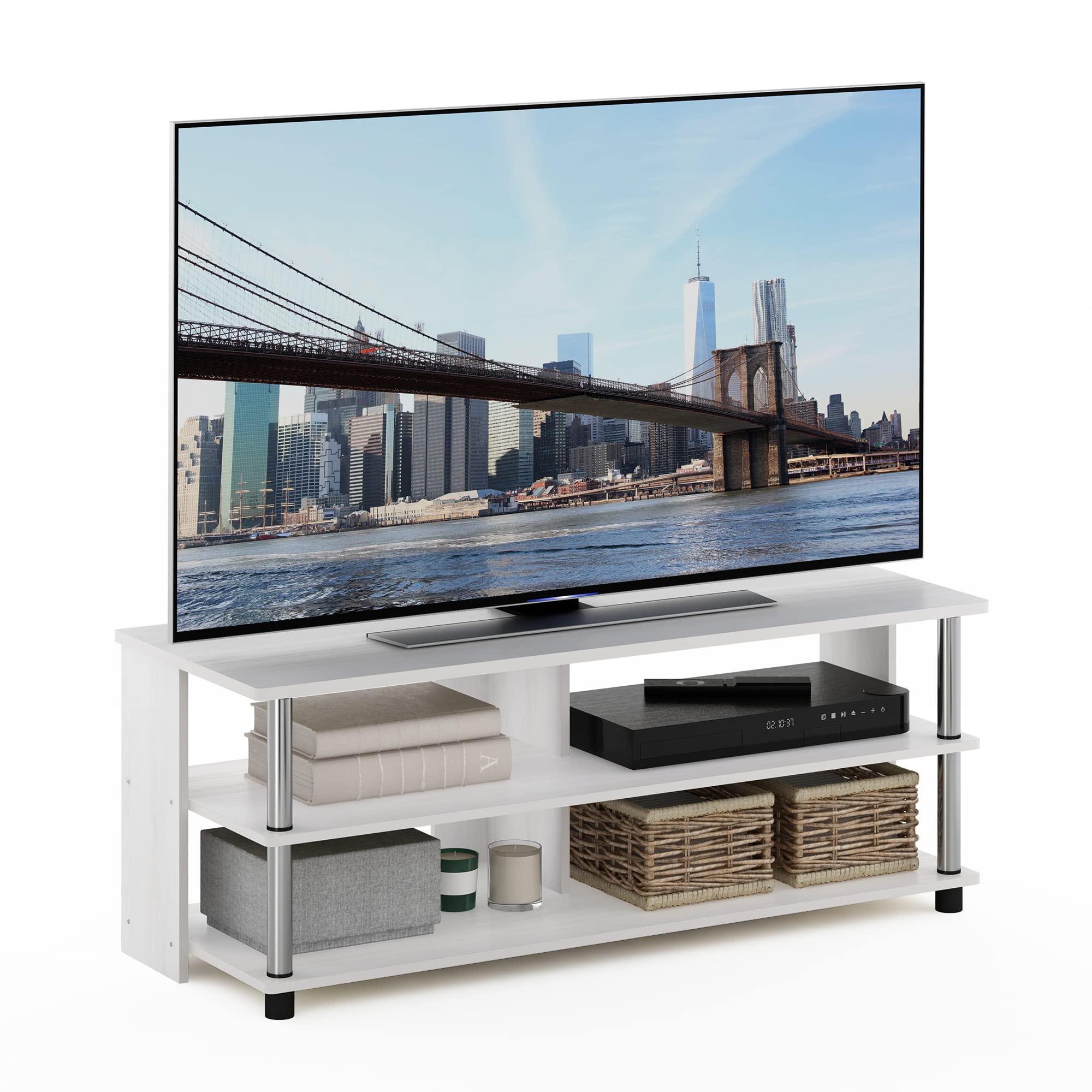 Furinno Sully 3-Tier TV Stand for TV up to 48, White Oak, Stainless Steel Tubes