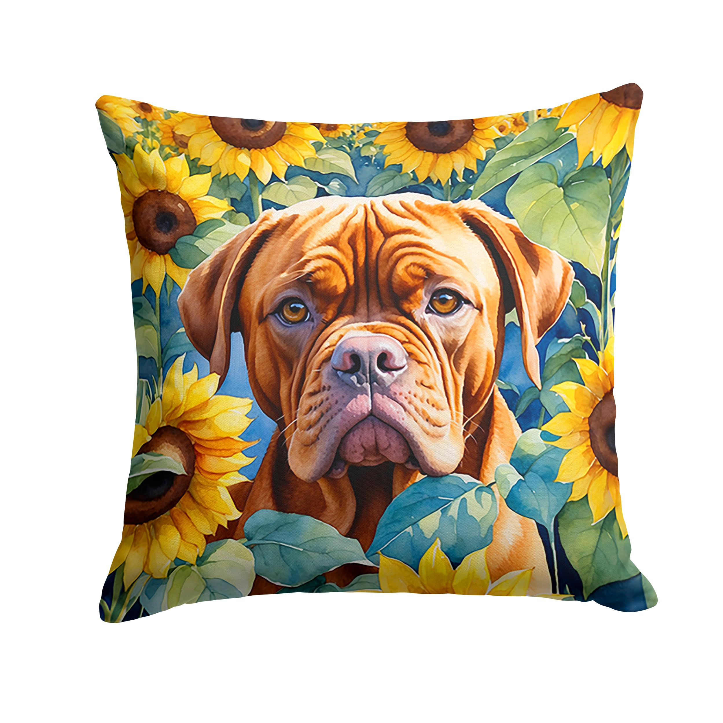 Carolines Treasures in Sunflowers Throw Pillow, 18Hx18W, Dogue de Bordeaux 6069