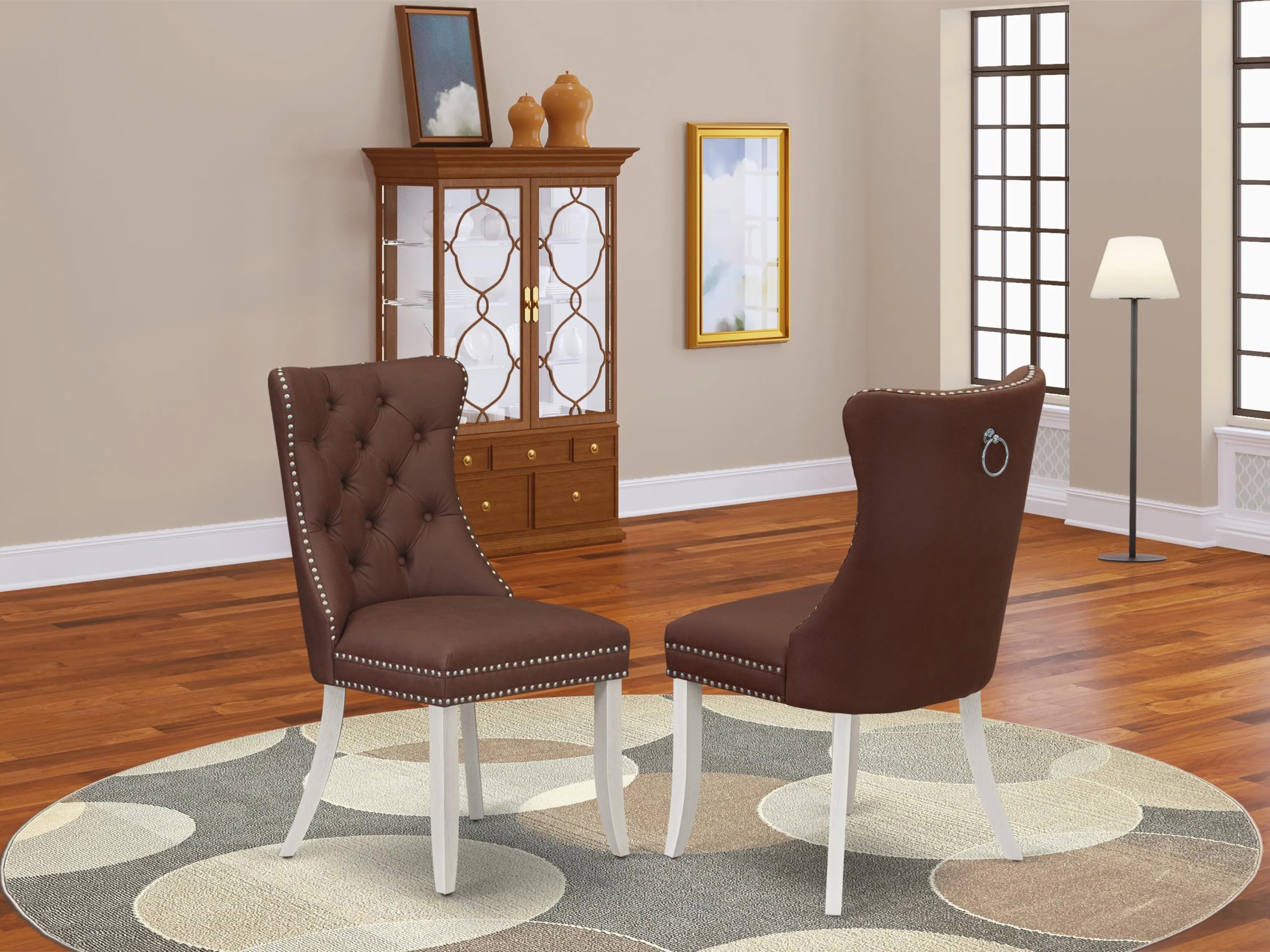 East West Furniture DAPHF26 Dallas Parsons Dining Chairs - Button Tufted Nailhead Trim Burgundy faux Leather Padded Chairs, Set of 2, Wirebrushed Bright Linen white