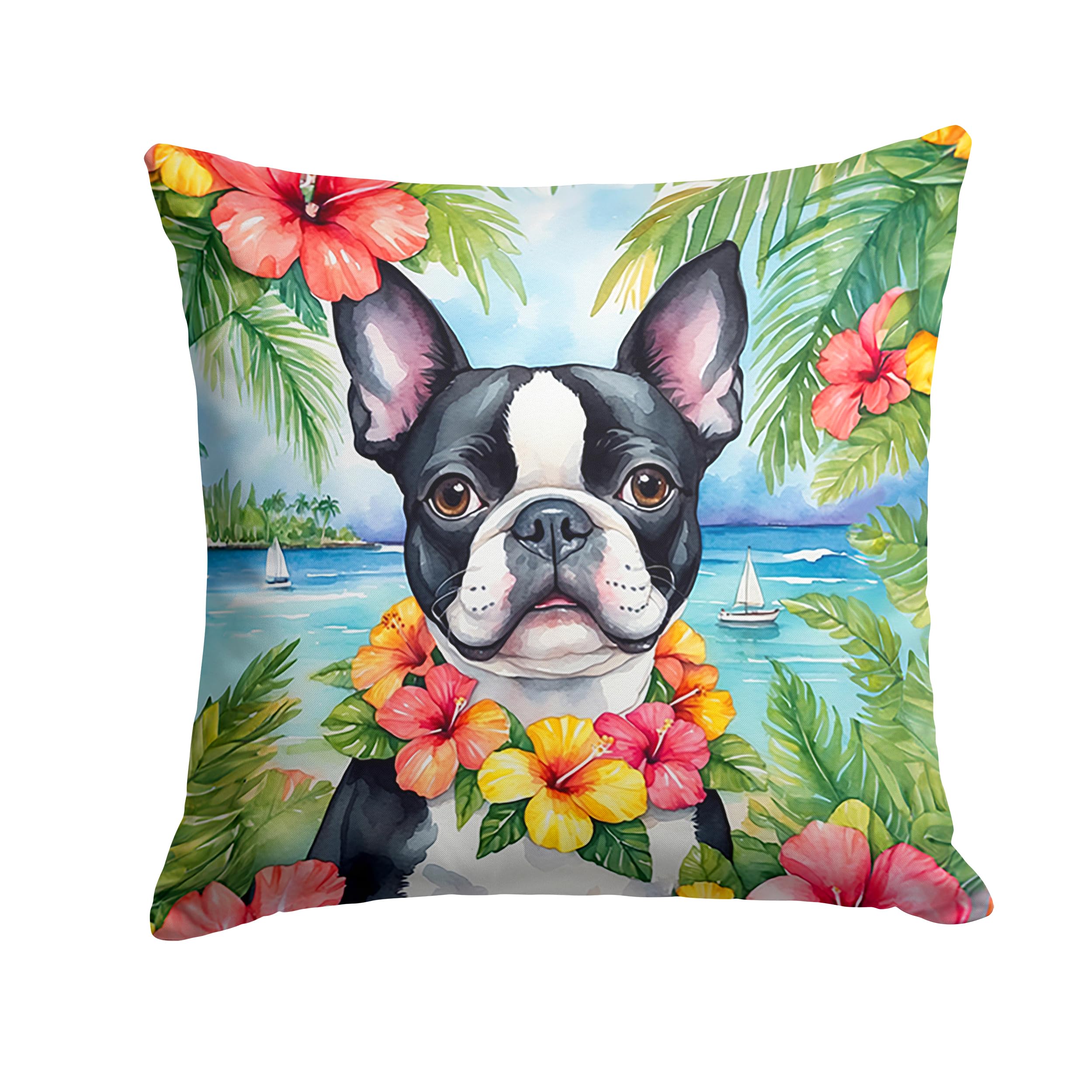 Carolines Treasures Luau Party Decorative Throw Pillow, 18Hx18W, Boston Terrier 6384