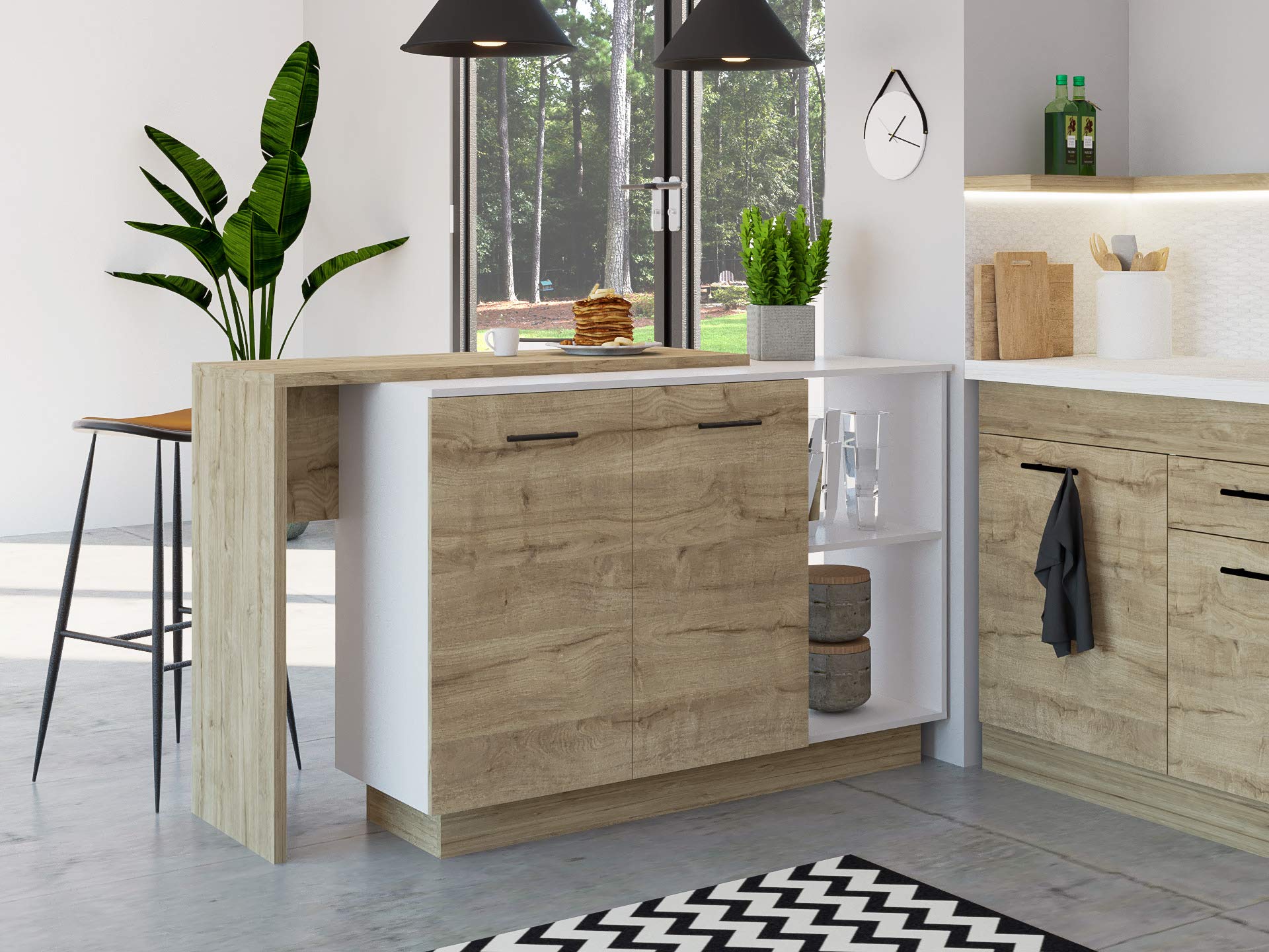 TUHOME Sicilia Kitchen Island,  Two  External Shelves, Countertop Table, Two-Door Cabinets, Three Shelves, White, For Kitchen Room