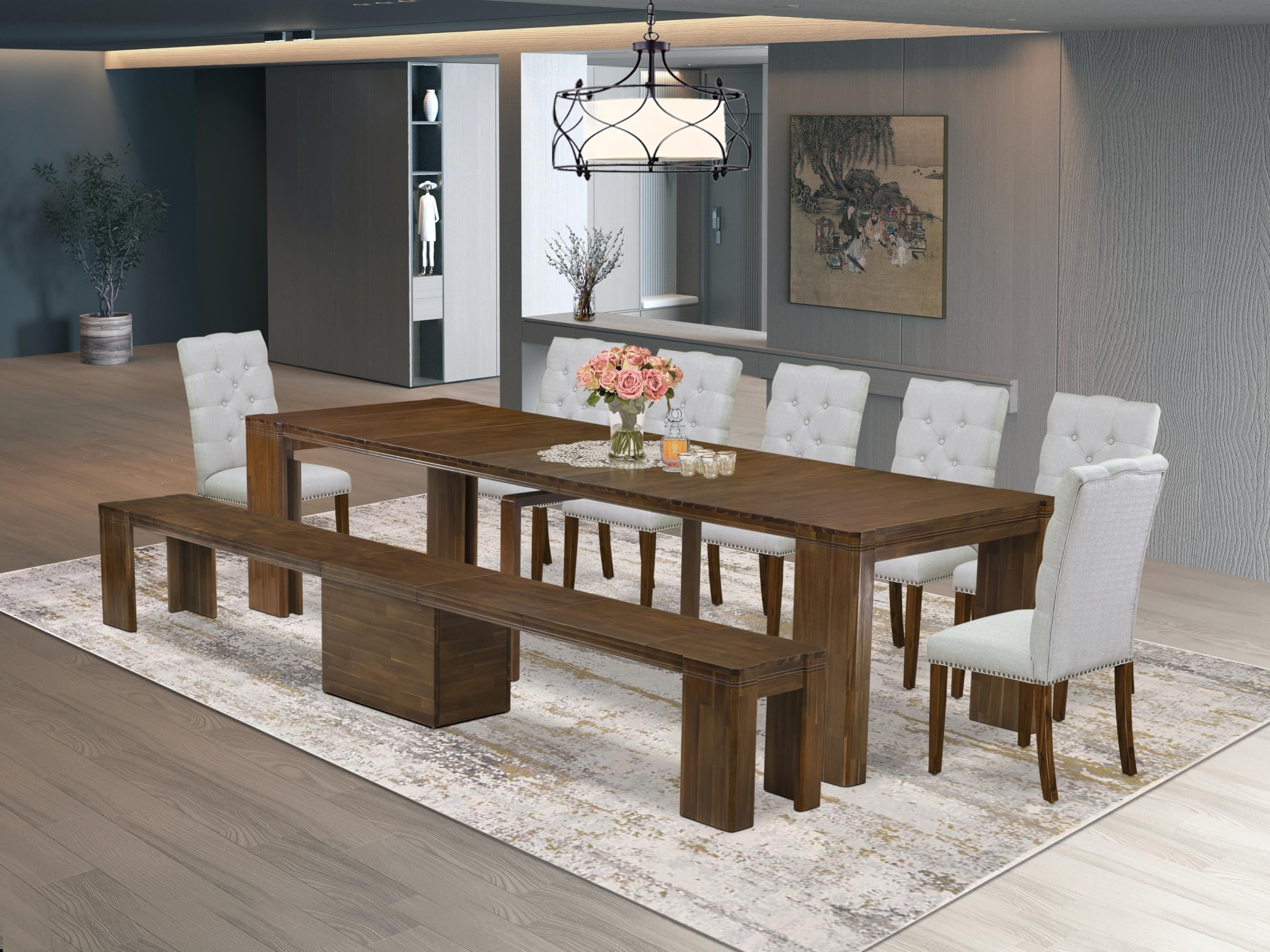 9 Pieces Extendable Dining Set Includes a Rectangle Kitchen Table