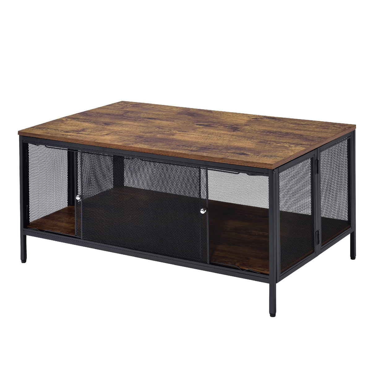 Benjara Metal Coffee Table With 1 Bottom Shelf And Mesh Design, Brown And Gray