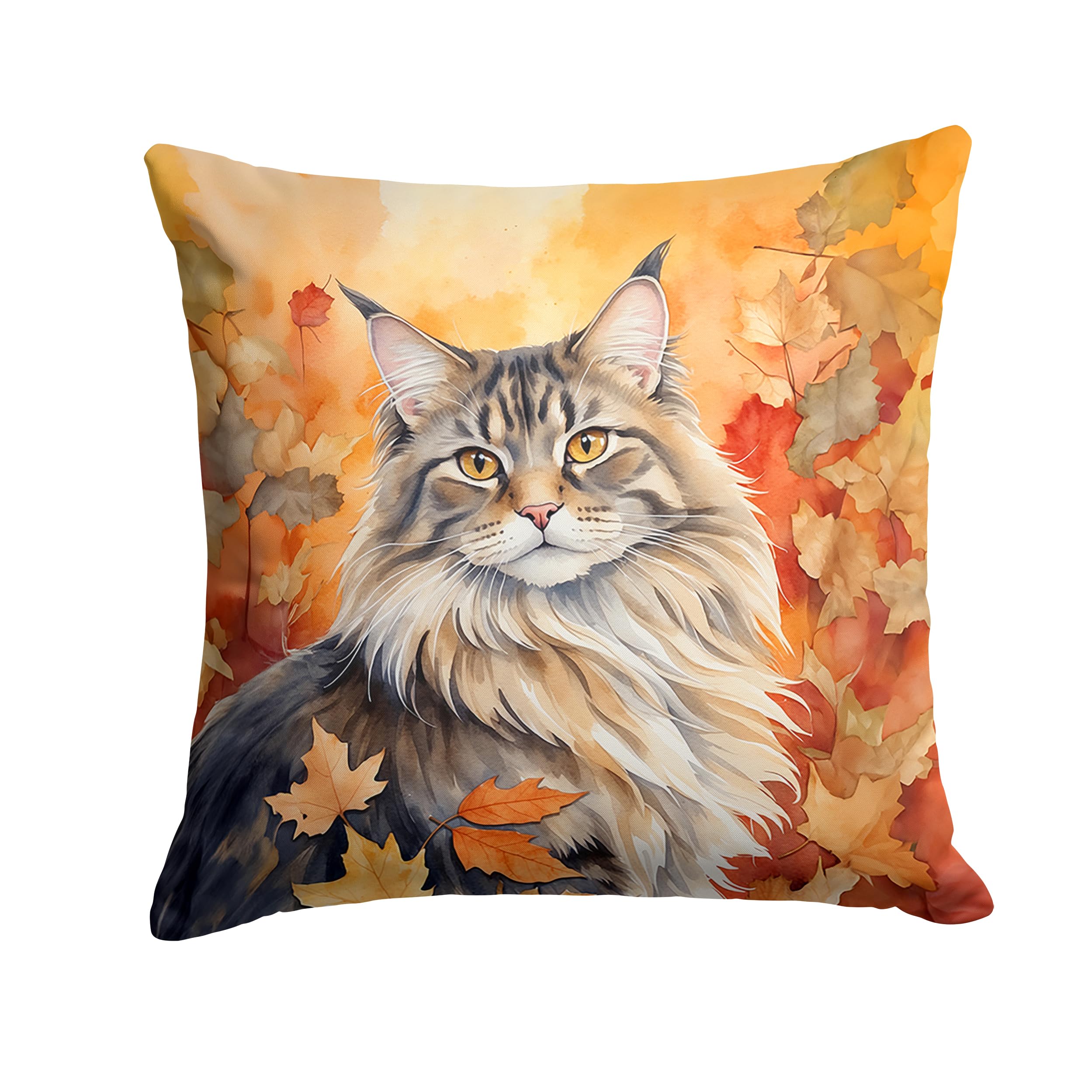Carolines Treasures MaineCoon Cat in Fall Leaves Throw Pillow Machine Washable, Indoor Outdoor Decorative Pillow for Couch, Bed or Patio, 18Hx18W