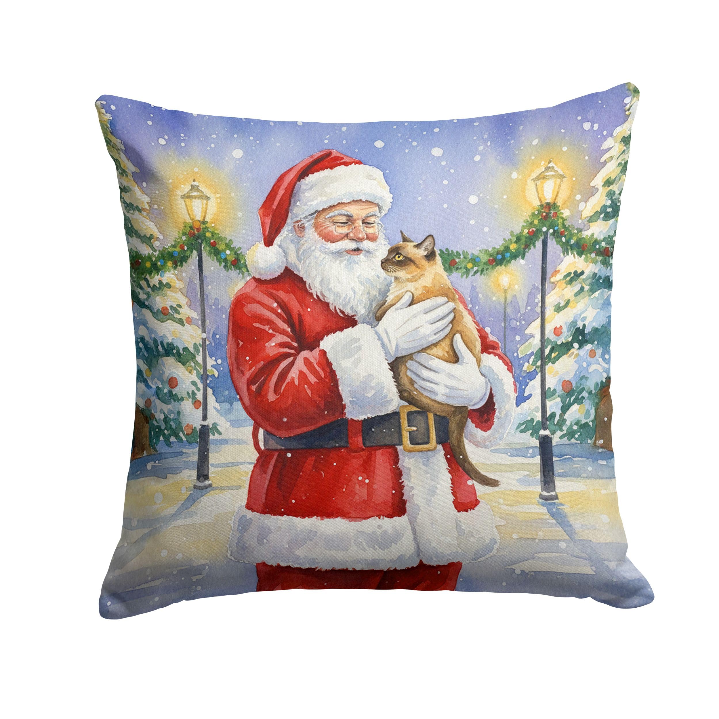 Carolines Treasures Burmese Cat with Santa Claus Throw Pillow Decorative Indoor Outdoor Accent Cushion for Couch, Bed or Patio, 14Hx14W