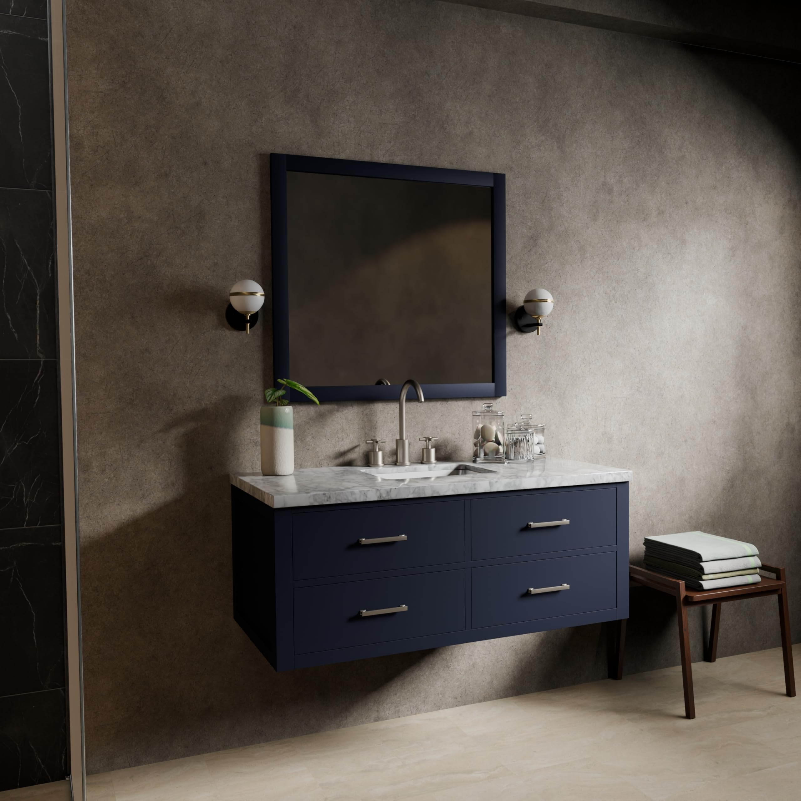 Castor 48 in W x 22 in D Blue Single Bath Vanity Carrara Marble Countertop, 43 in Mirror and Faucet Set