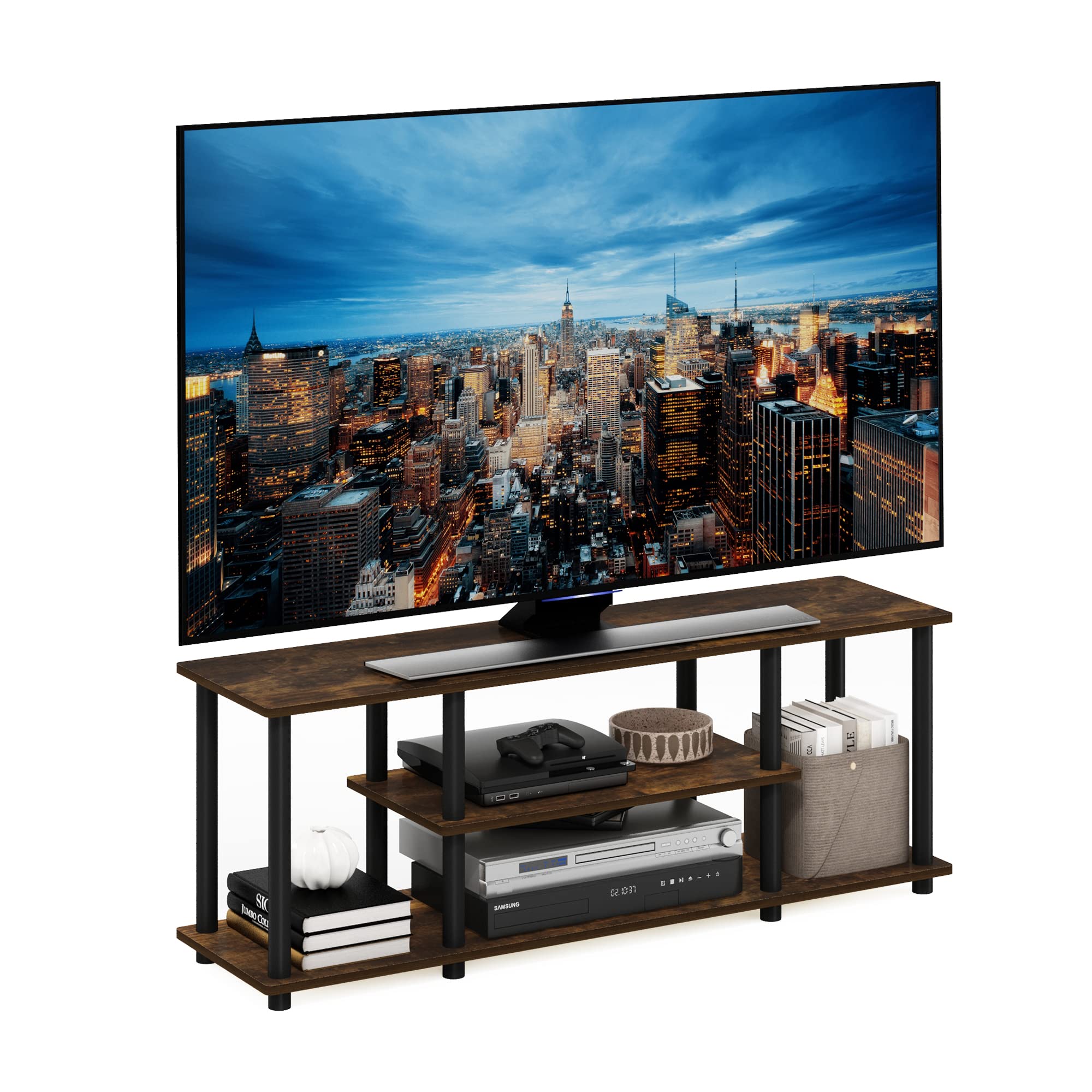 Furinno Turn-N-Tube No Tools 3D 3-Tier Entertainment TV Stands, Amber Pine/Black
