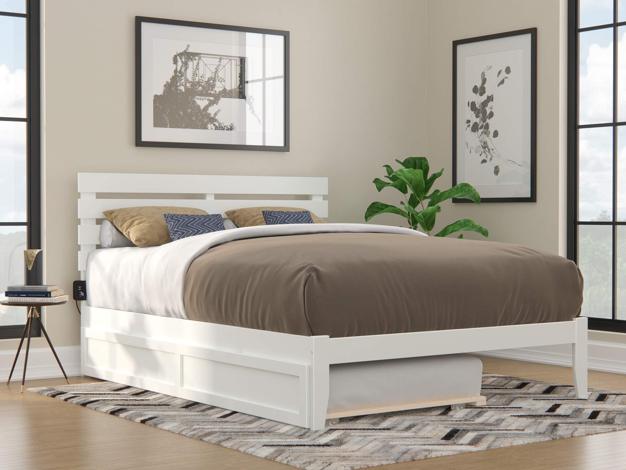 AFI Oxford Queen Size Platform Bed with Twin XL Trundle & Charging Station in White