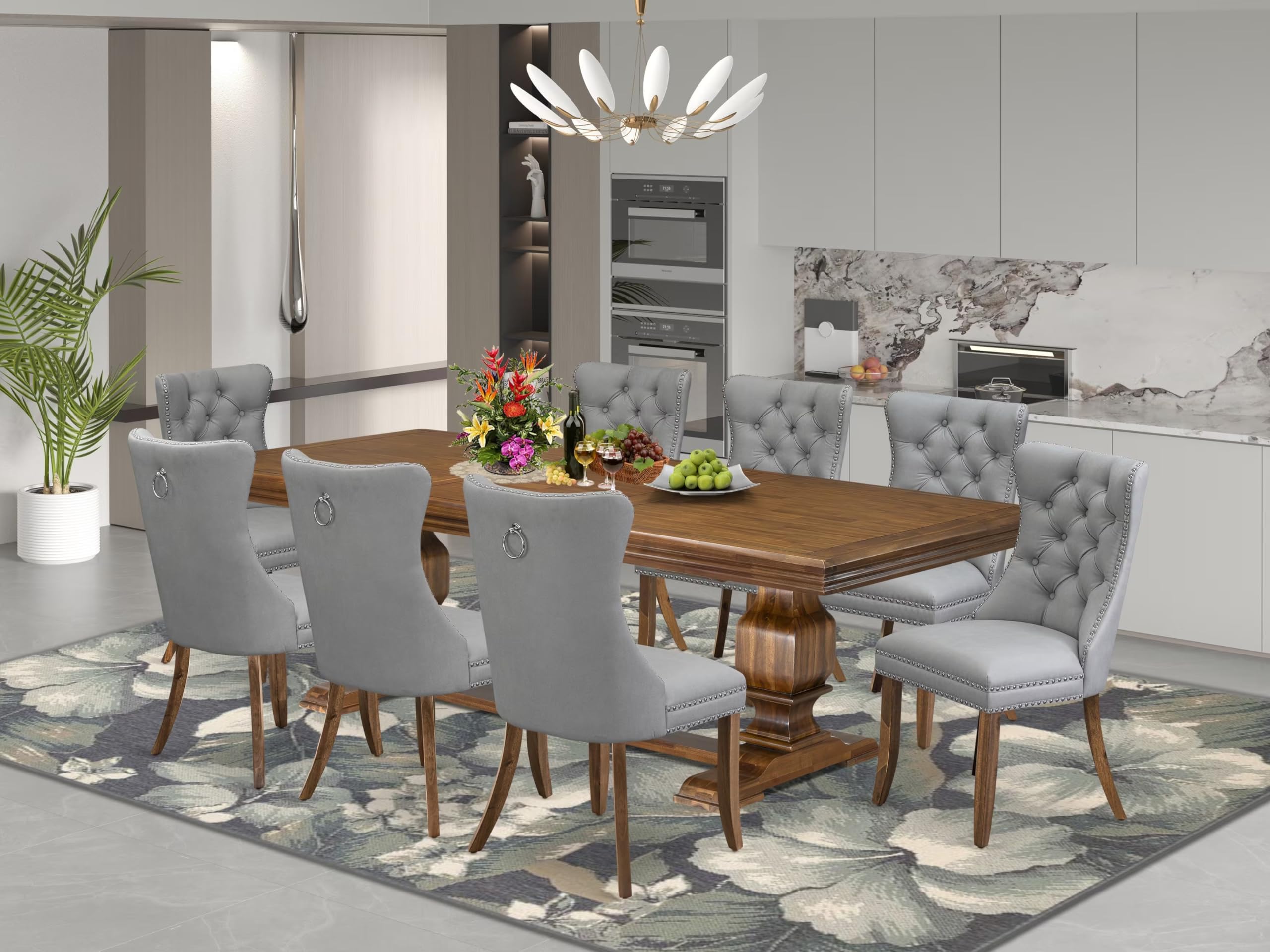 9 Pieces Dining Table Set a Rectangle Table and 8 Dining Chairs, Antique Walnut