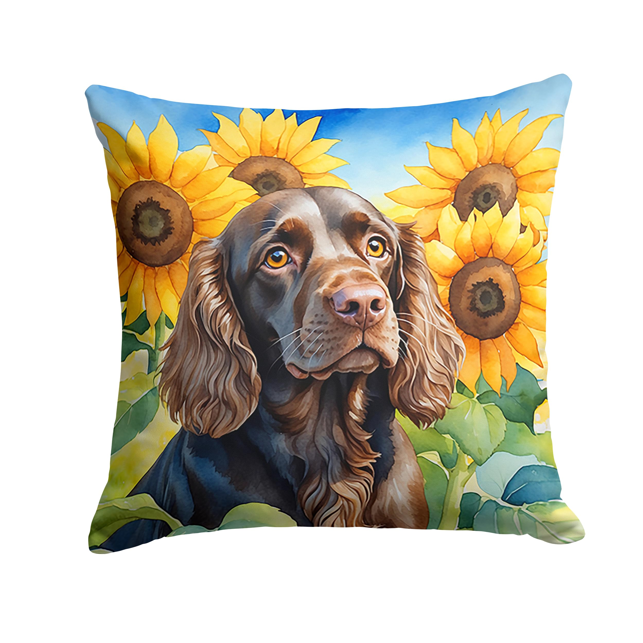 Carolines Treasures in Sunflowers Throw Pillow, 18Hx18W, Boykin Spaniel 6039