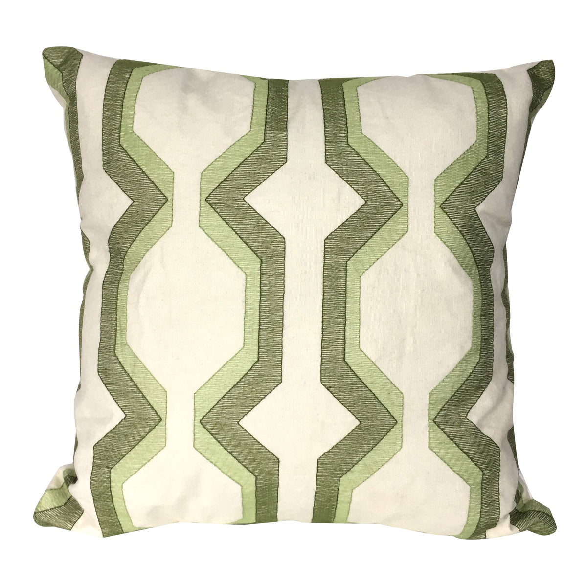 Benjara Contemporary Cotton Pillow With Geometric Embroidery, White And Green