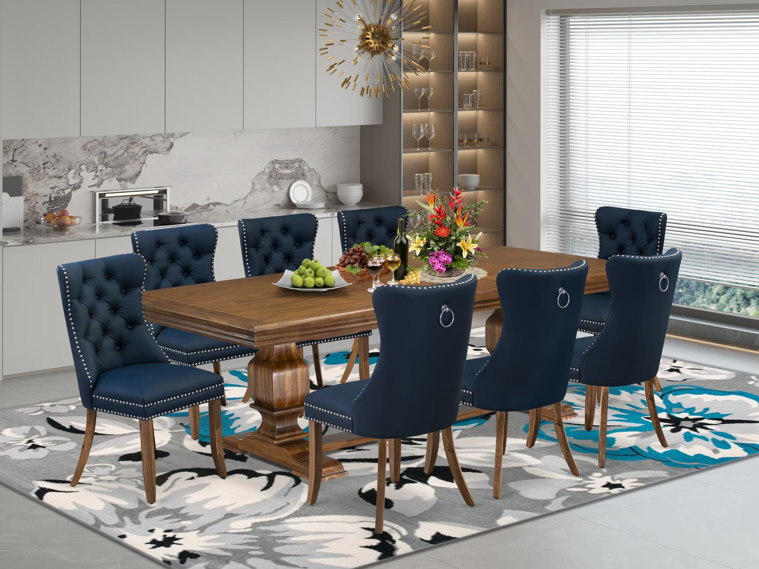 9 Pieces Dining Table Set a Rectangle Table and 8 Dining Chairs, Antique Walnut