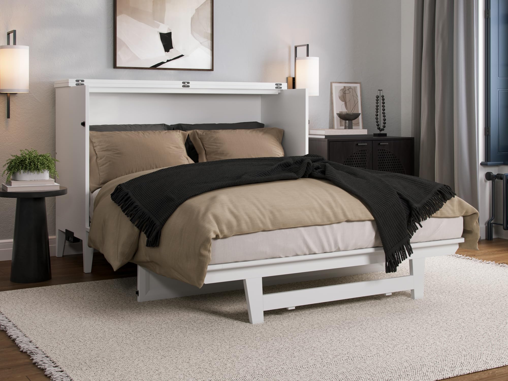 Santa Fe Full Solid Wood Murphy Bed Chest with Mattress and Built-in Charger in White